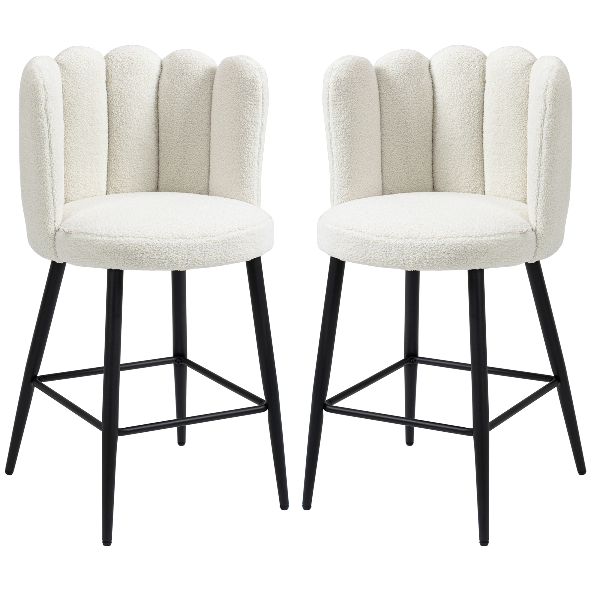 HOMCOM Lot de 2 chaises hautes tabourets de bar avec repose-pieds acier tissu effet laine bouclée hauteur 65 cm crème noir