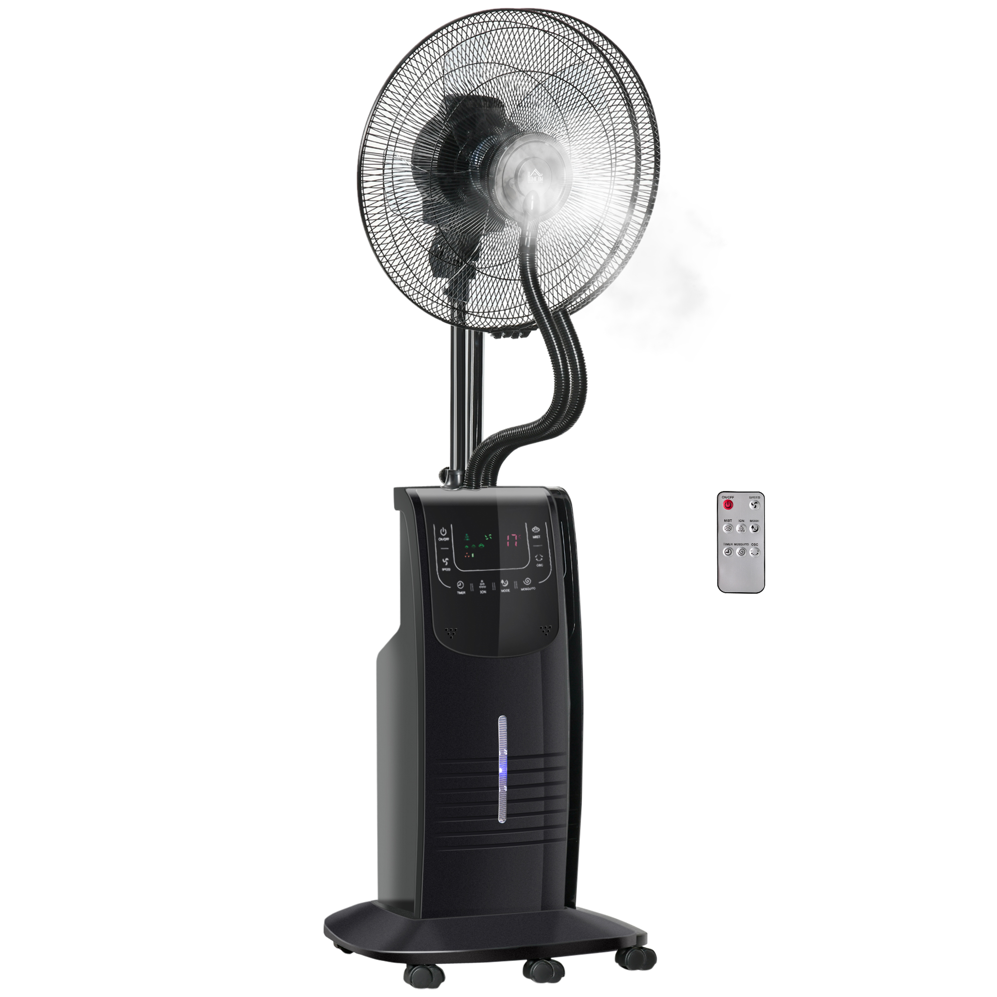 HOMCOM Ventilador de Pie Oscilante con Nebulizador 90W con Control Remoto 5 Aspas Tanque de Agua 3,1 L 44,5x44,5x135 cm Negro   Aosom España