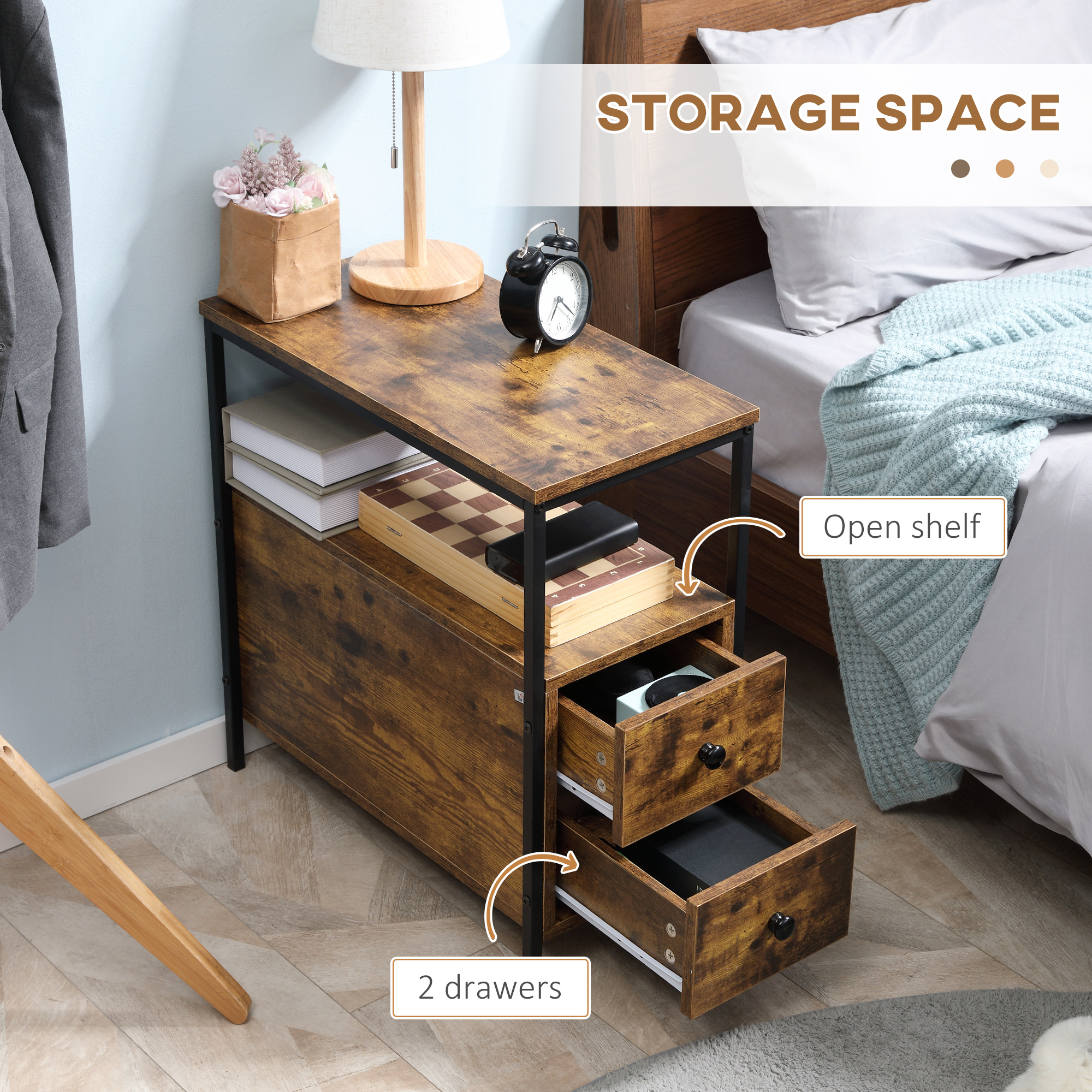 HOMCOM Set of 2 Side Table, Narrow Bedside Table with 2 Drawers and Storage Shelf, Industrial End Table with Metal Frame for Small Spaces, Rustic Brown 5