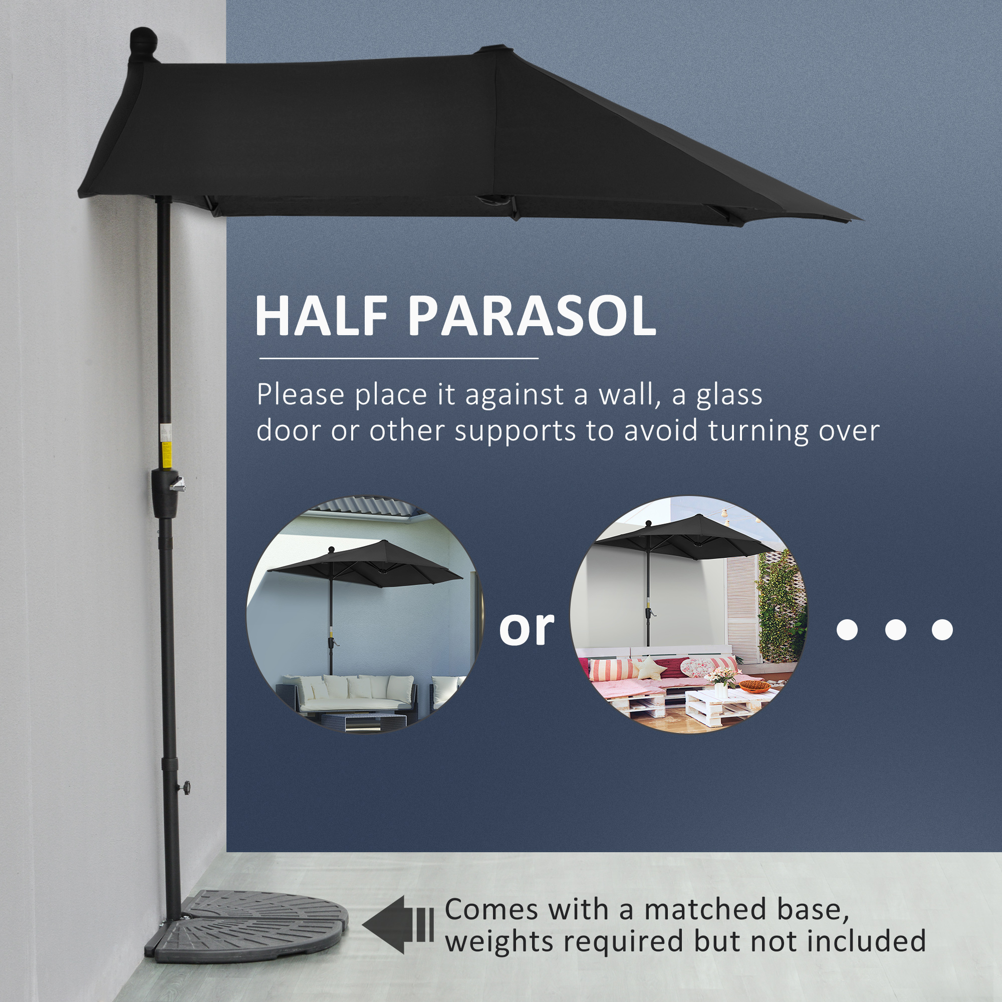 Outsunny 2m Half Parasol Market Umbrella Garden Balcony Parasol with Crank Handle, Base, Double-Sided Canopy, Black 4