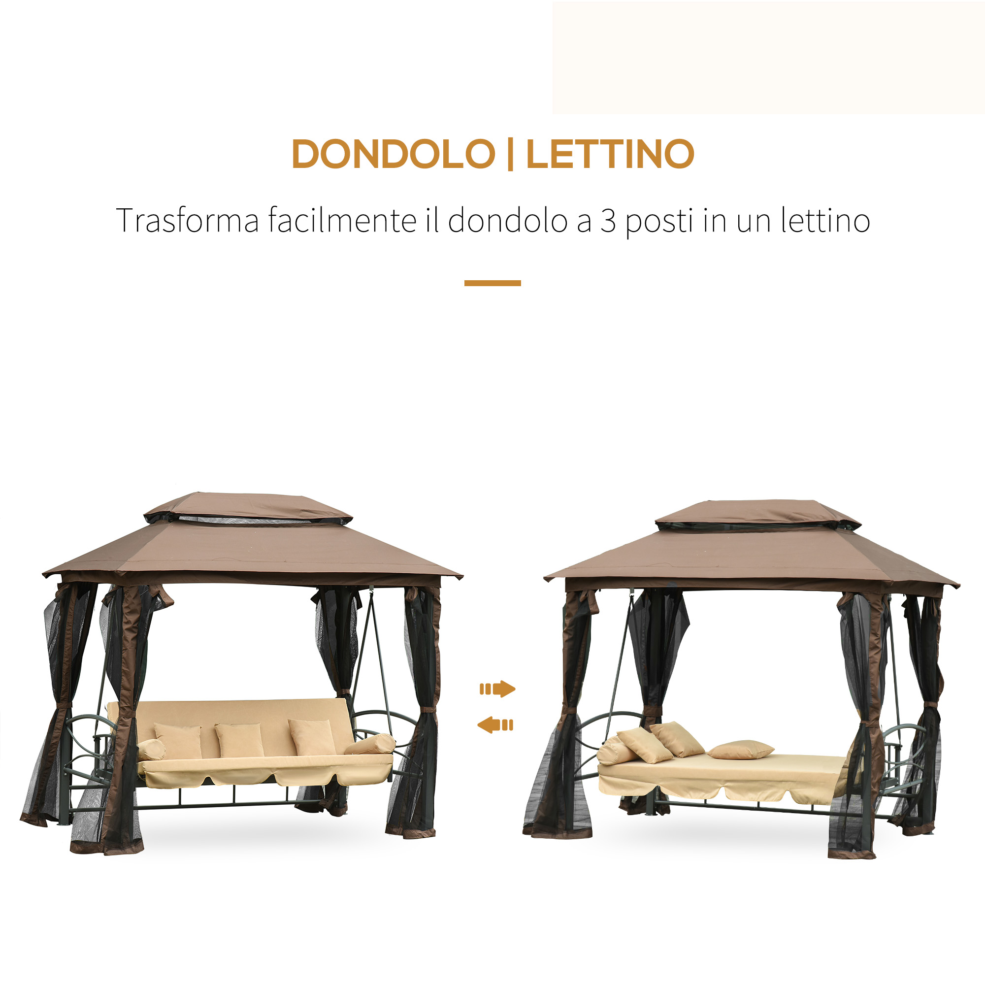 Dondolo Da Giardino 3 Posti Outsunny Con Gazebo E Zanzariera - Convertibile In Lettino