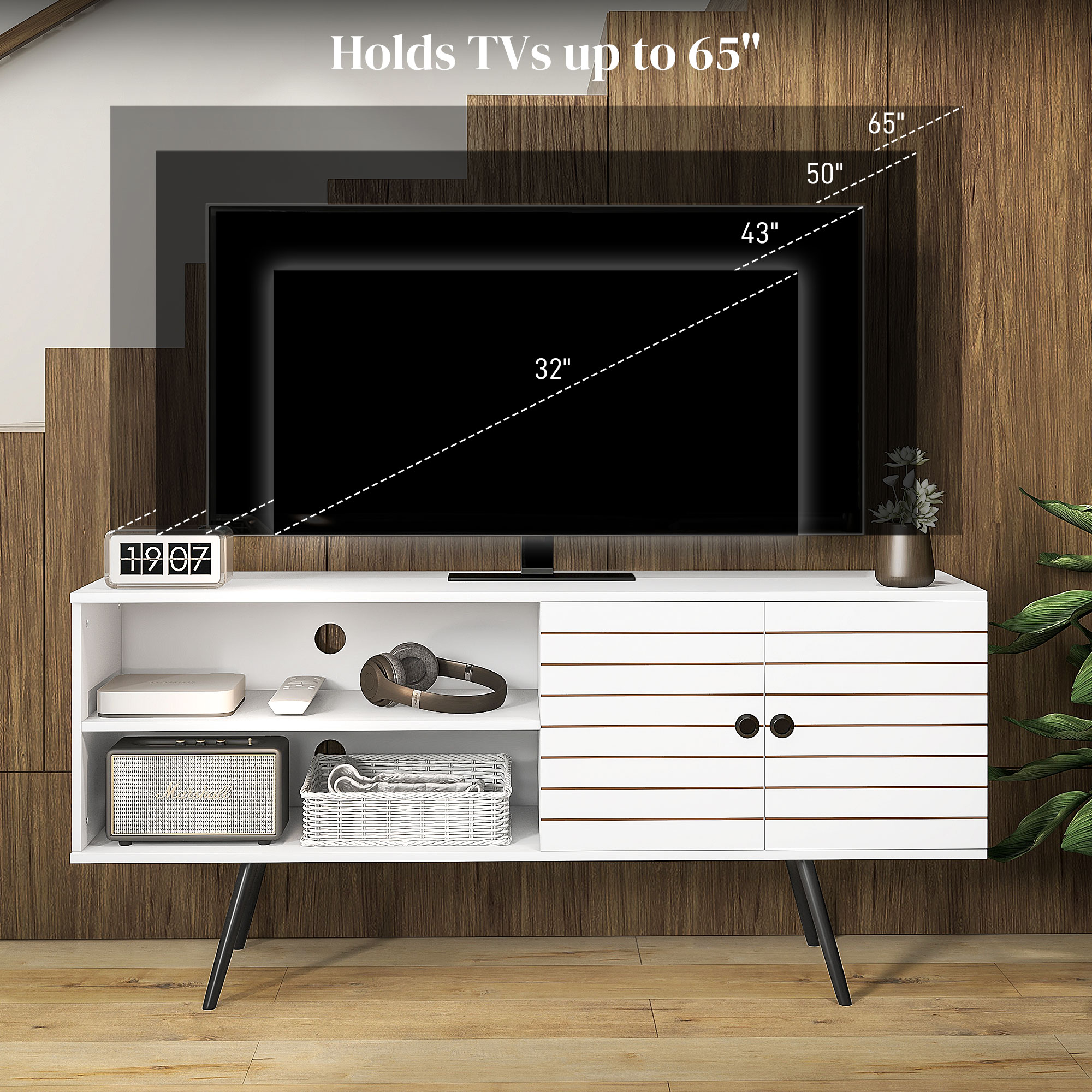 HOMCOM TV Stand with Cupboard, Open Shelves, Striped Doors, Wooden legs, White 7