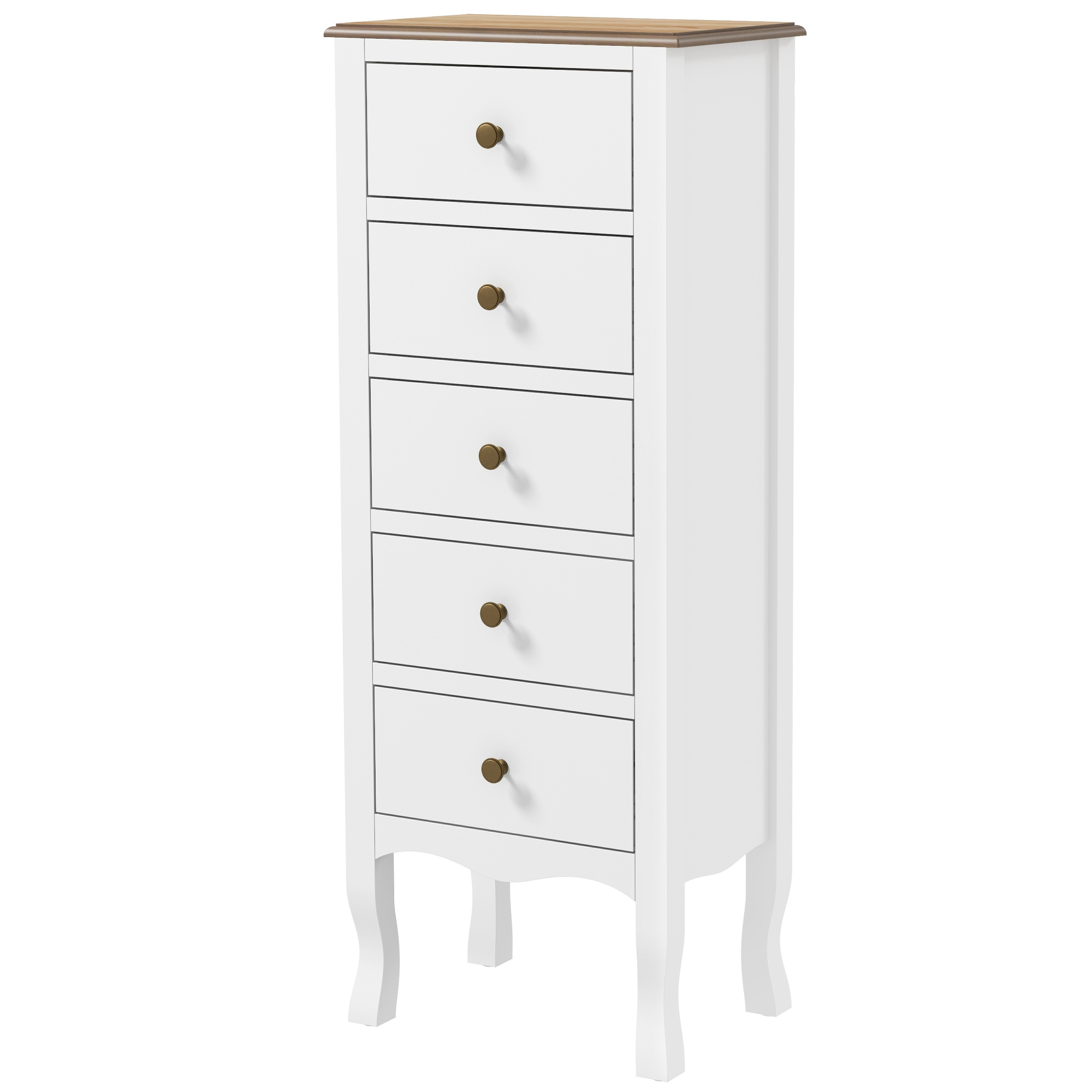 HOMCOM Chiffonnier 5 tiroirs, Meuble de rangement compact blanc avec poignée bouton effet laiton