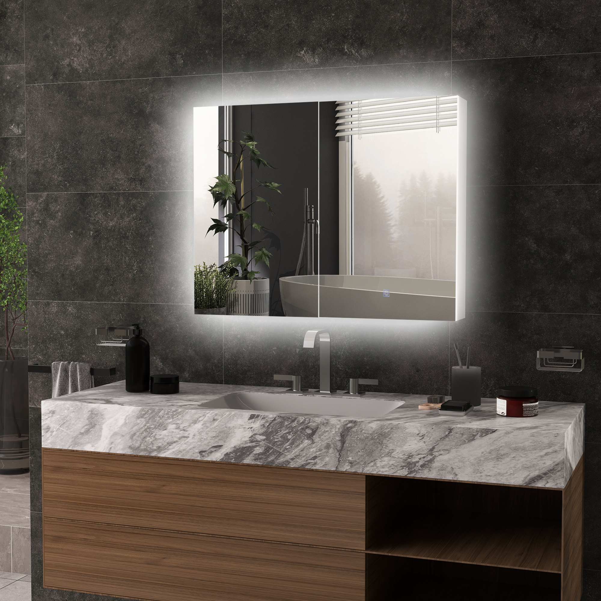 kleankin Bathroom Mirror Cabinet with Light, Bathroom Storage Cupboard with Adjustable Shelf, USB Powered, 90x15x70cm, White 2