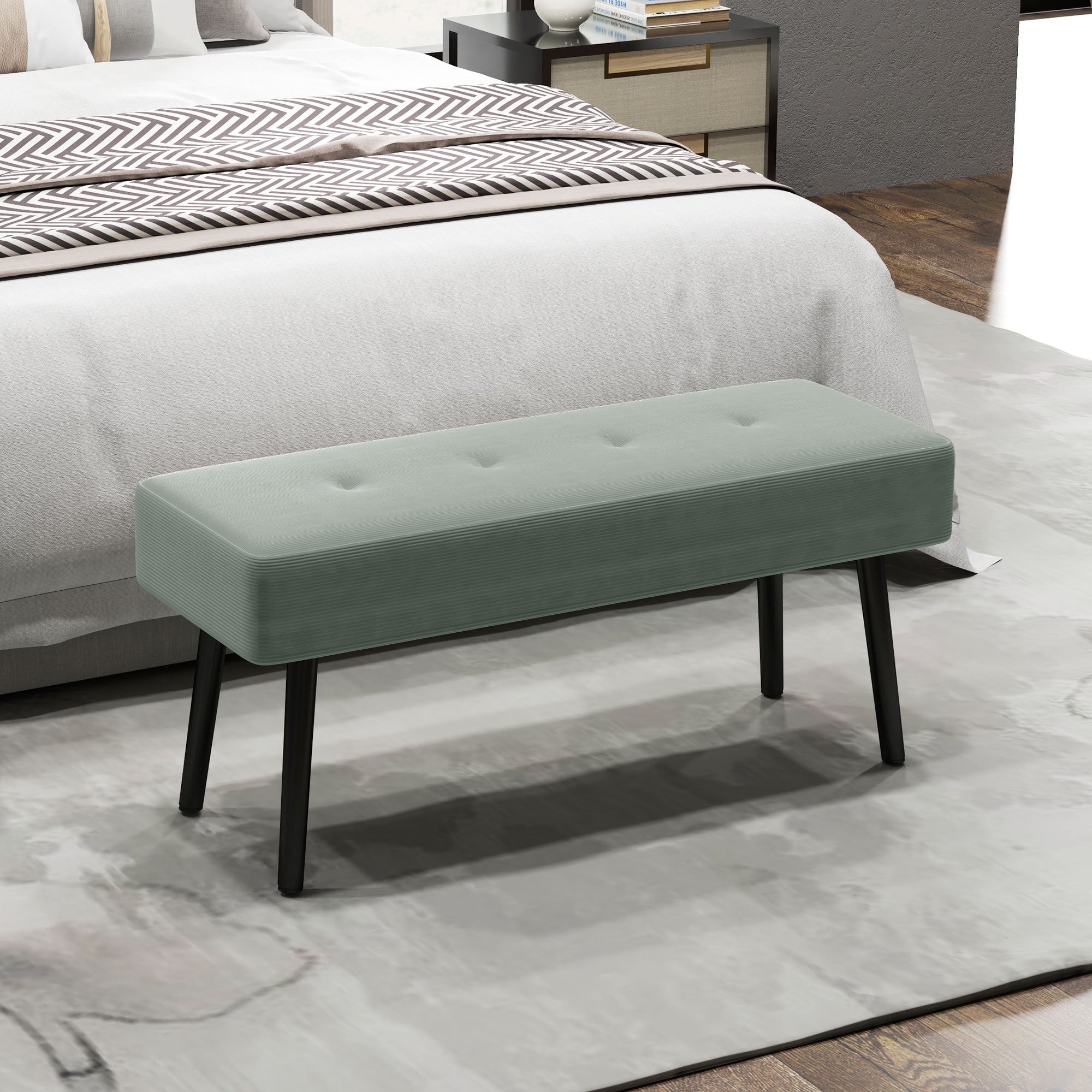 HOMCOM End of Bed Bench, Corduroy Bedroom Bench with Thick Padding and Steel Legs, Tufted Window Seat for Entryway, Living Room, Green 2