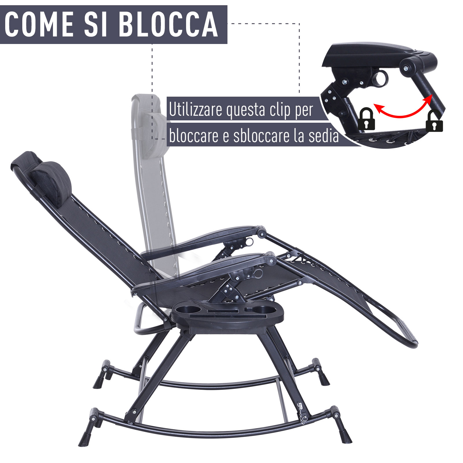 Sedia Sdraio A Dondolo Outsunny - Reclinabile, Con Poggiapiedi E Portabicchieri, Tessuto Anti-UV, Portata 120 Kg, Nero
