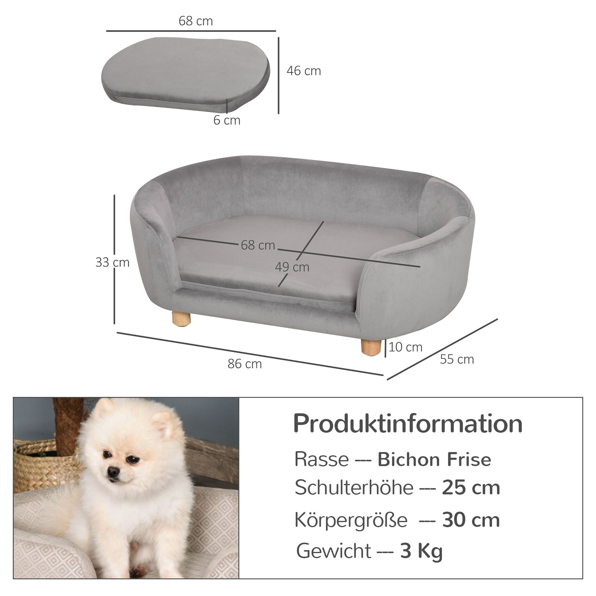 PawHut Hundesofa Grau – Gepolstertes Haustierbett Mit Abnehmbarem Kissen, 68,5x40,5x40,5 Cm