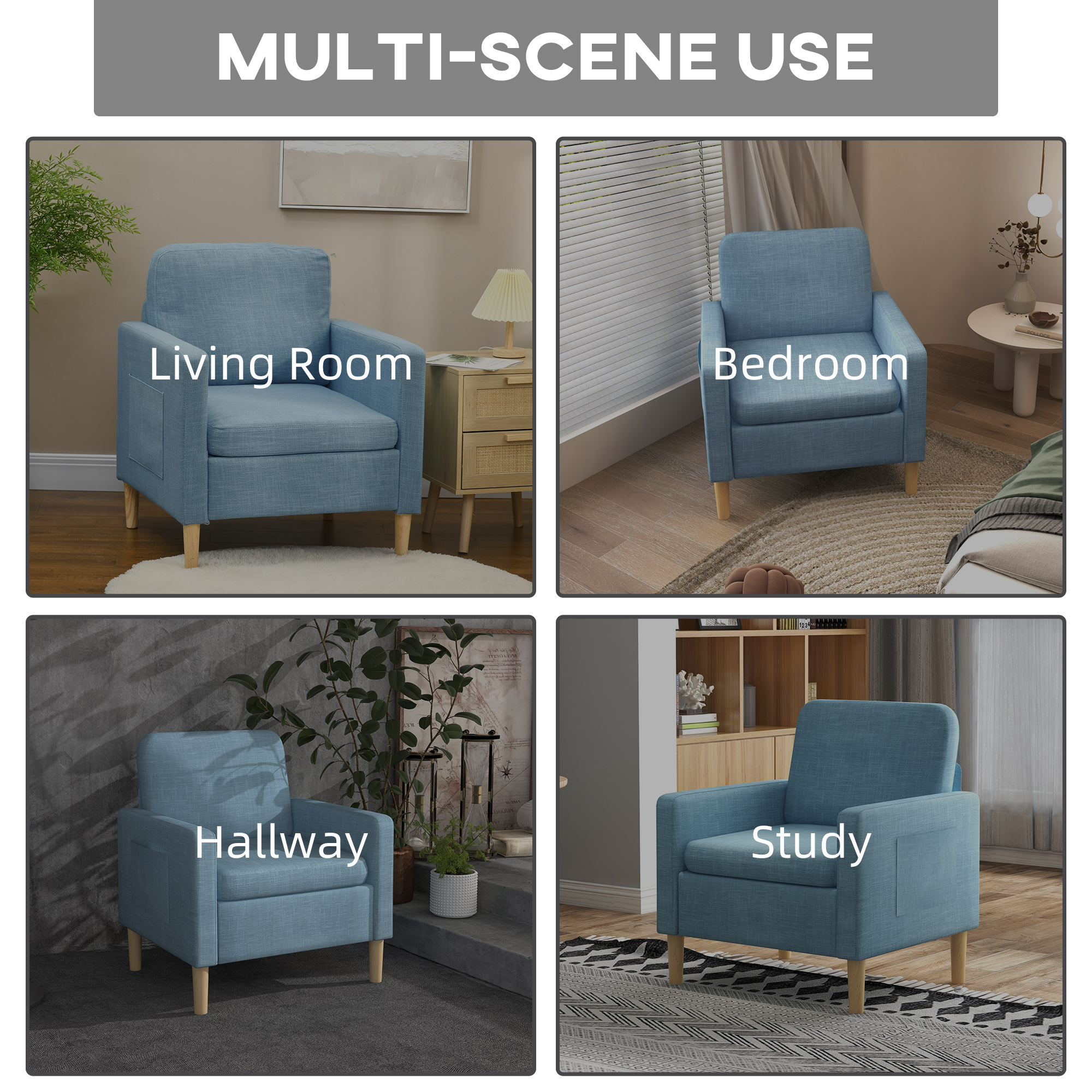 HOMCOM Modern Accent Chair, Comfy Fireside Chair, Upholstered Armchair for Living Room, Bedroom, Home Office, Blue 6