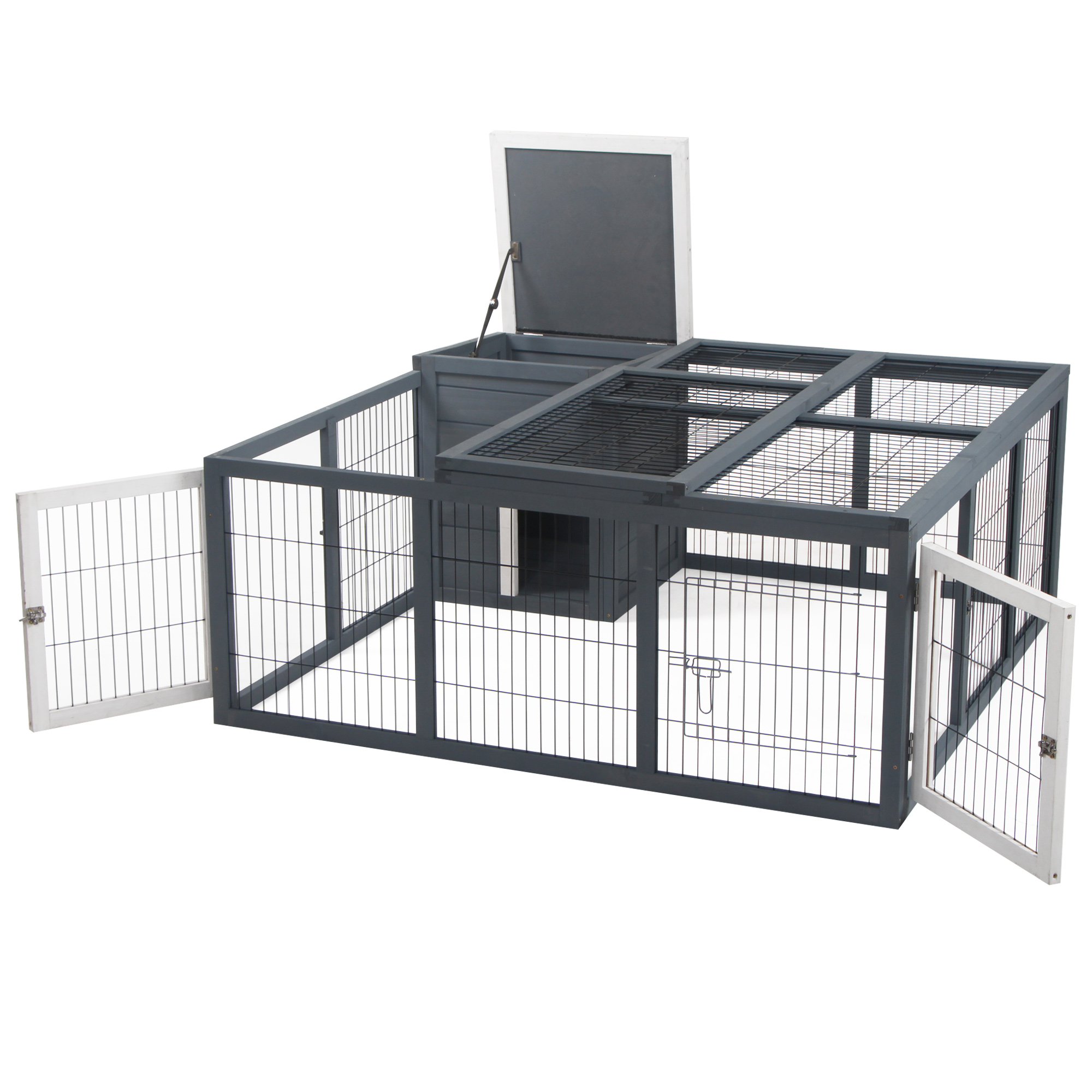 PawHut Rabbit Hutch Outdoor, Guinea Pig House, Bunny Run Cage with Openable Top for 1-2 Rabbits, 123 x 120 x 52cm, Grey 7