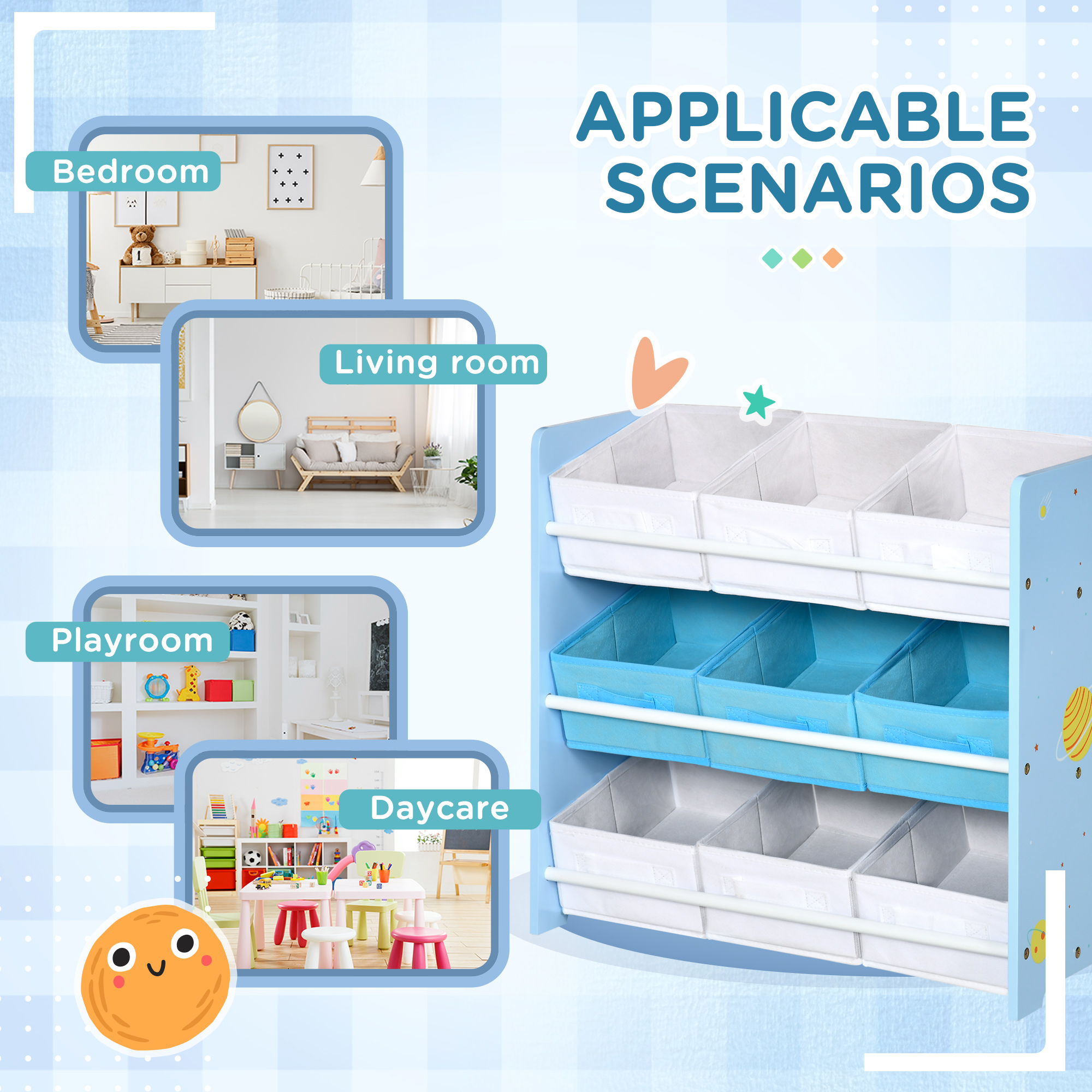 ZONEKIZ Kids Storage Rack, with Nine Removable Baskets, for Nursery, Bedroom, Playroom Blue 7
