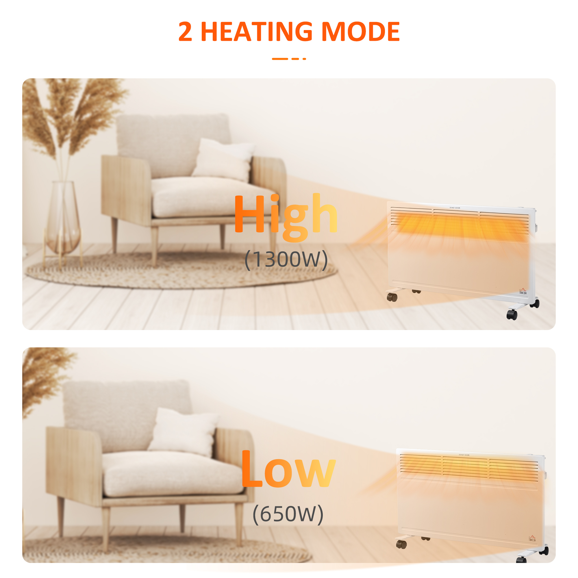 HOMCOM POWER Convector Radiator Freestanding or Wall-mounted Heating with 2 Heat Settings Safety Cut-Off, White 9