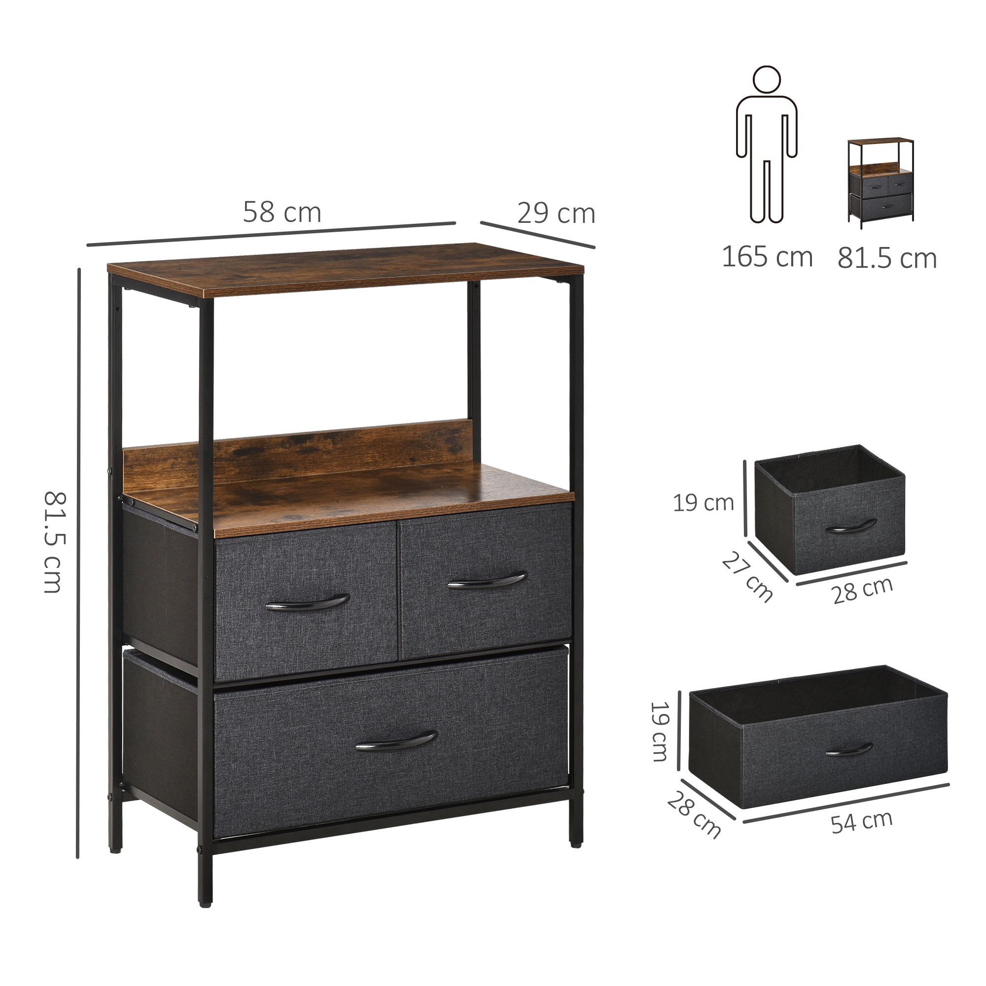 HOMCOM 3 Drawer Storage Chest Unit Home Cabinet w/ Shelves Home Living Room Bedroom Entryway Living Furniture, Black 3