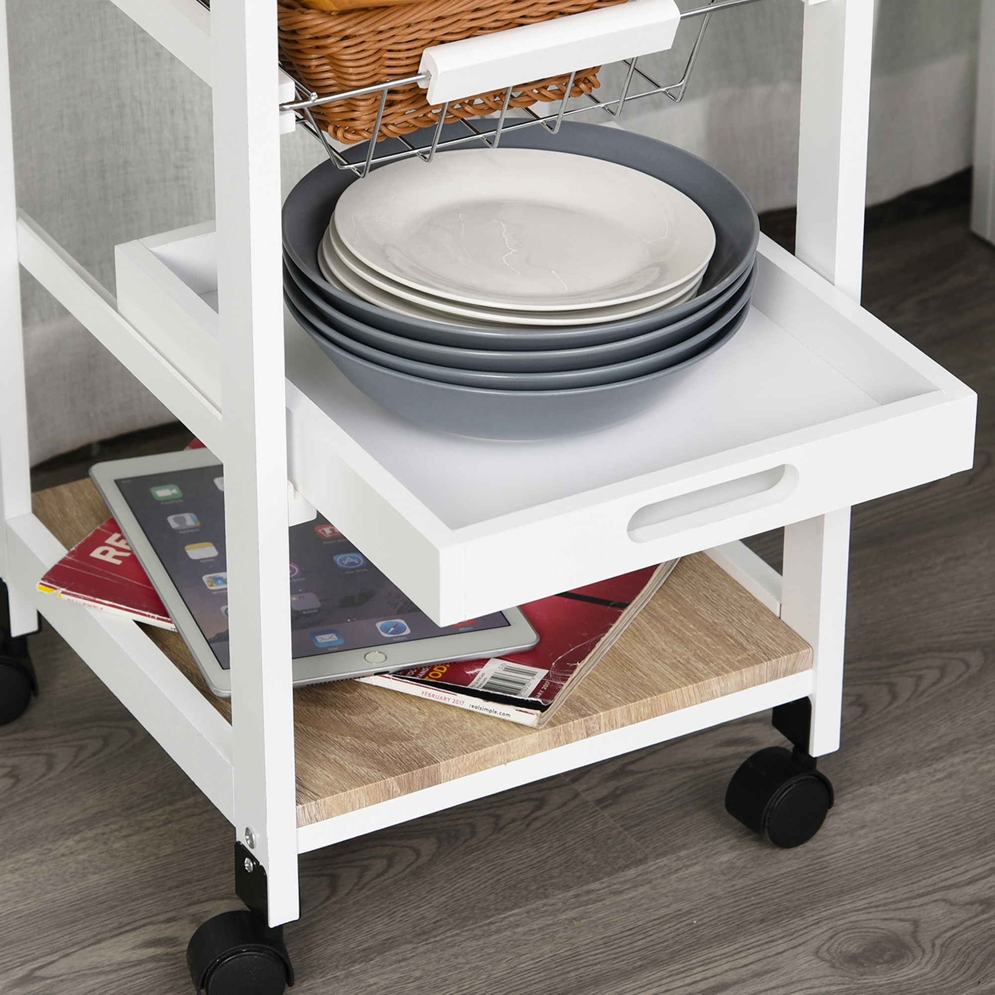 HOMCOM Mobile Rolling Kitchen Island Trolley for Home w/ Metal Baskets Trays Shelves Wheels Compact Stylish Storage White 8