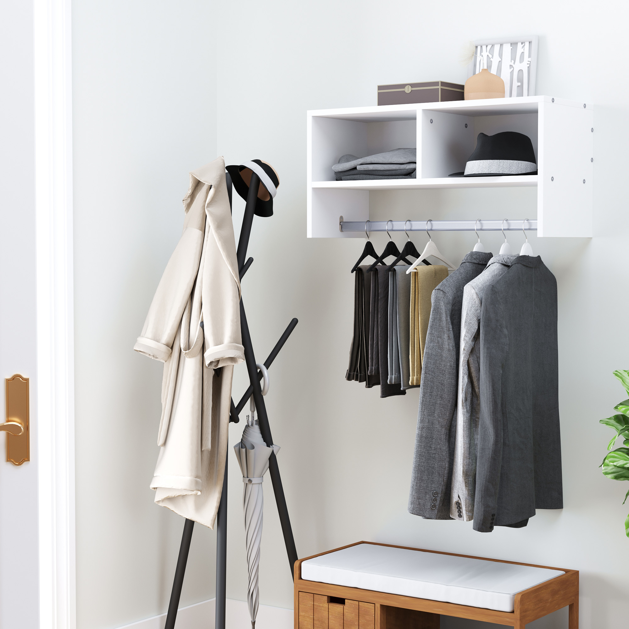 HOMCOM Wall Mounted Coat Hanger Hooks Rack Stand Hallway Coat Rack Rail & Storage Shelf Hanging Coat Organizer (White) 2