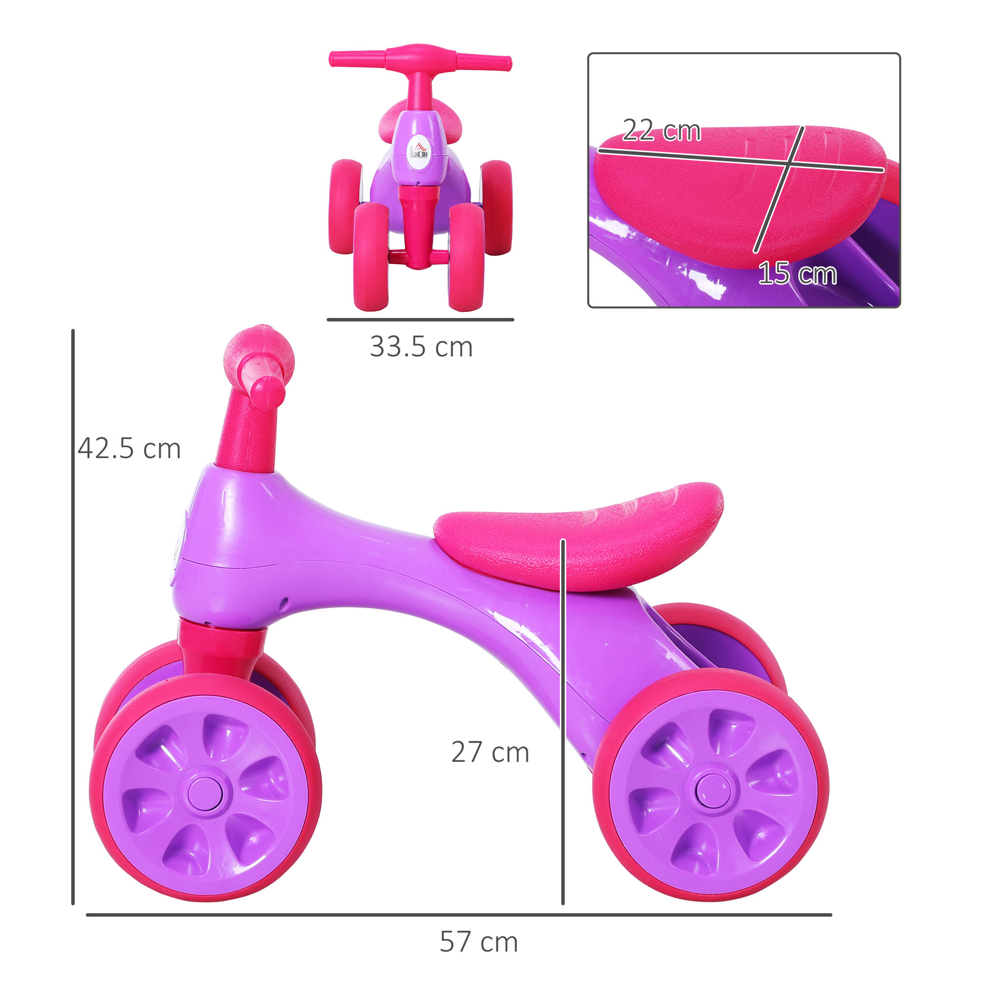HOMCOM Baby Balance Bike Toddler Training Walker Smooth Rubber Wheels Ride on Toy Storage Bin Gift for Boys Girls Violet Fuchsia 3