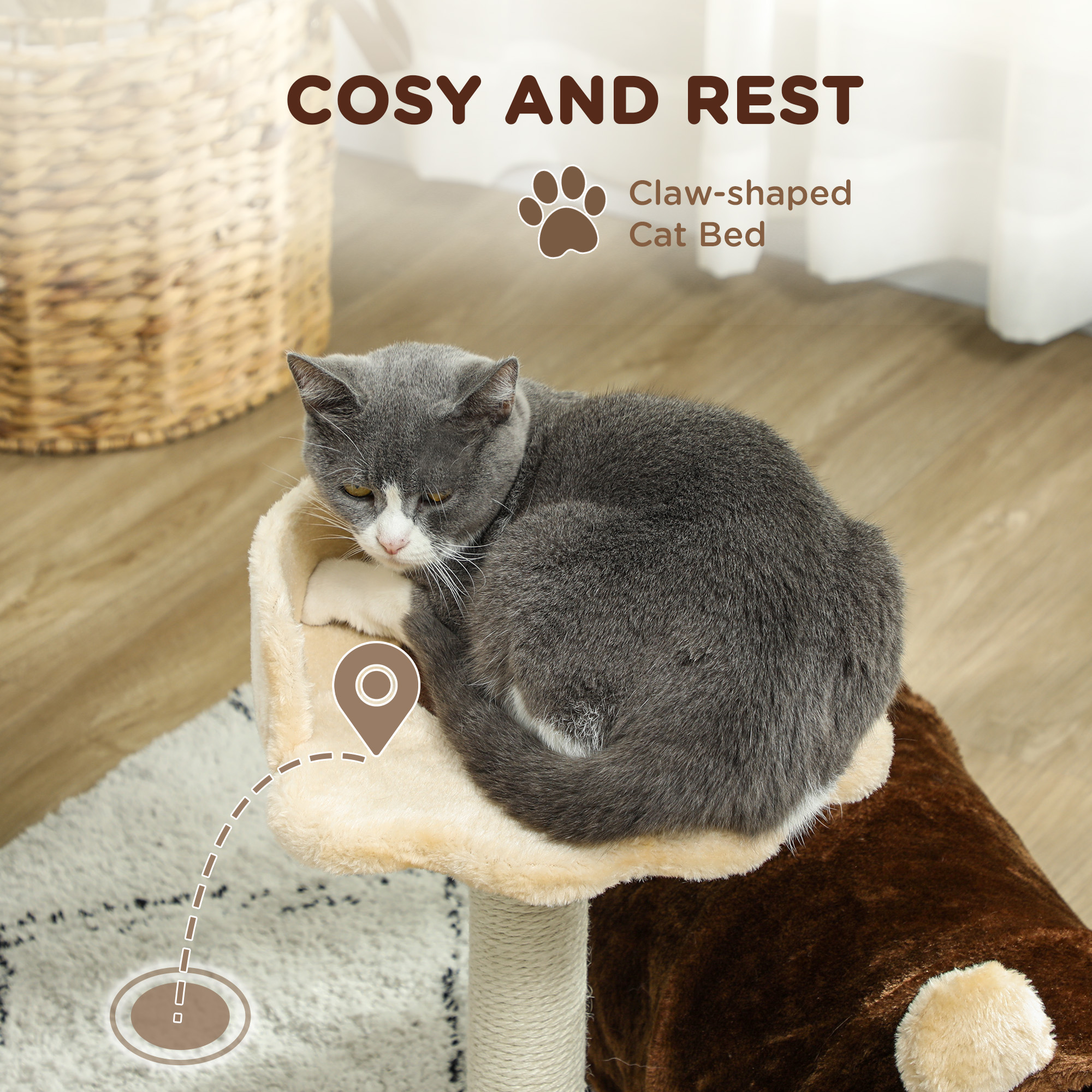 PawHut 47cm Small Cat Tree w/ Scratching Post, Bed, Cat Tunnel, Toy Ball, Dark Brown 5