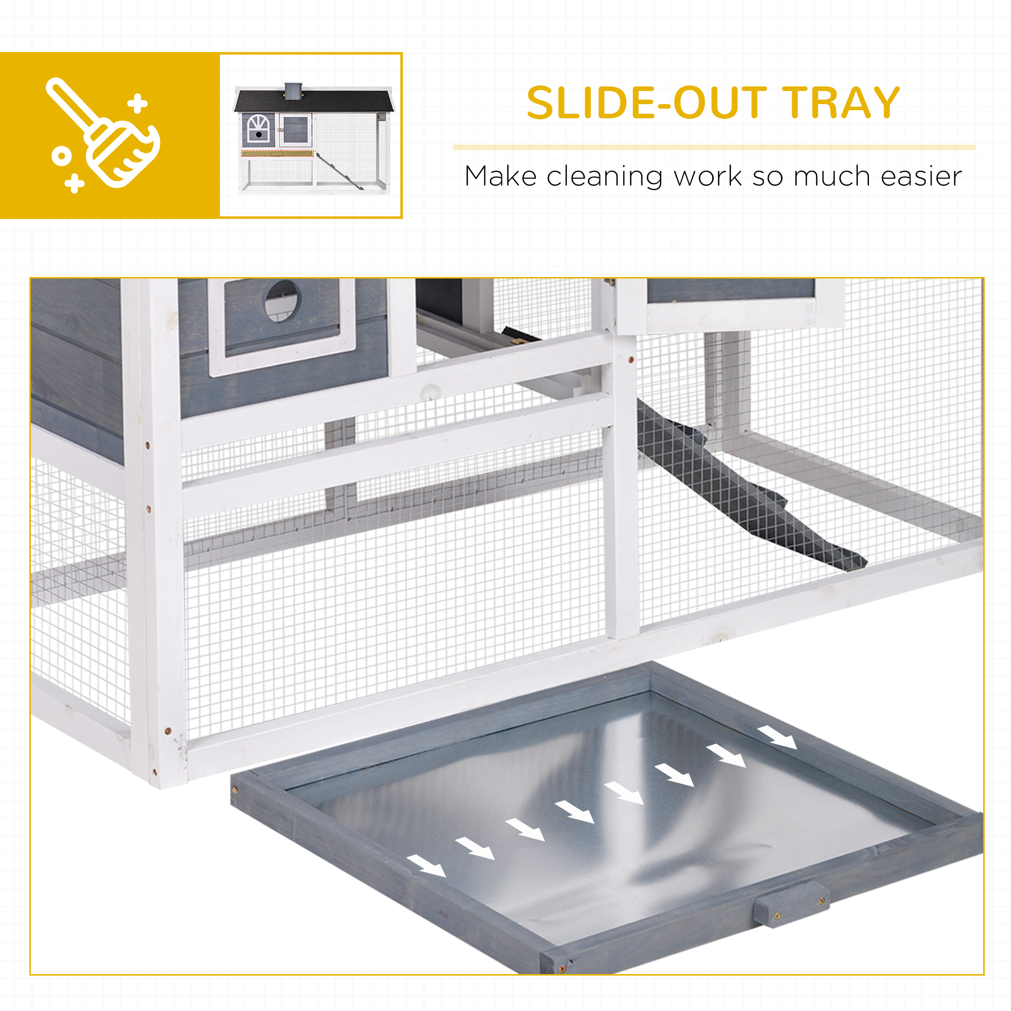 PawHut Wooden Rabbit Hutch and Run with Sliding Tray, Ramp, Water-resistant Roof, for 2-4 Rabbits, Grey 6
