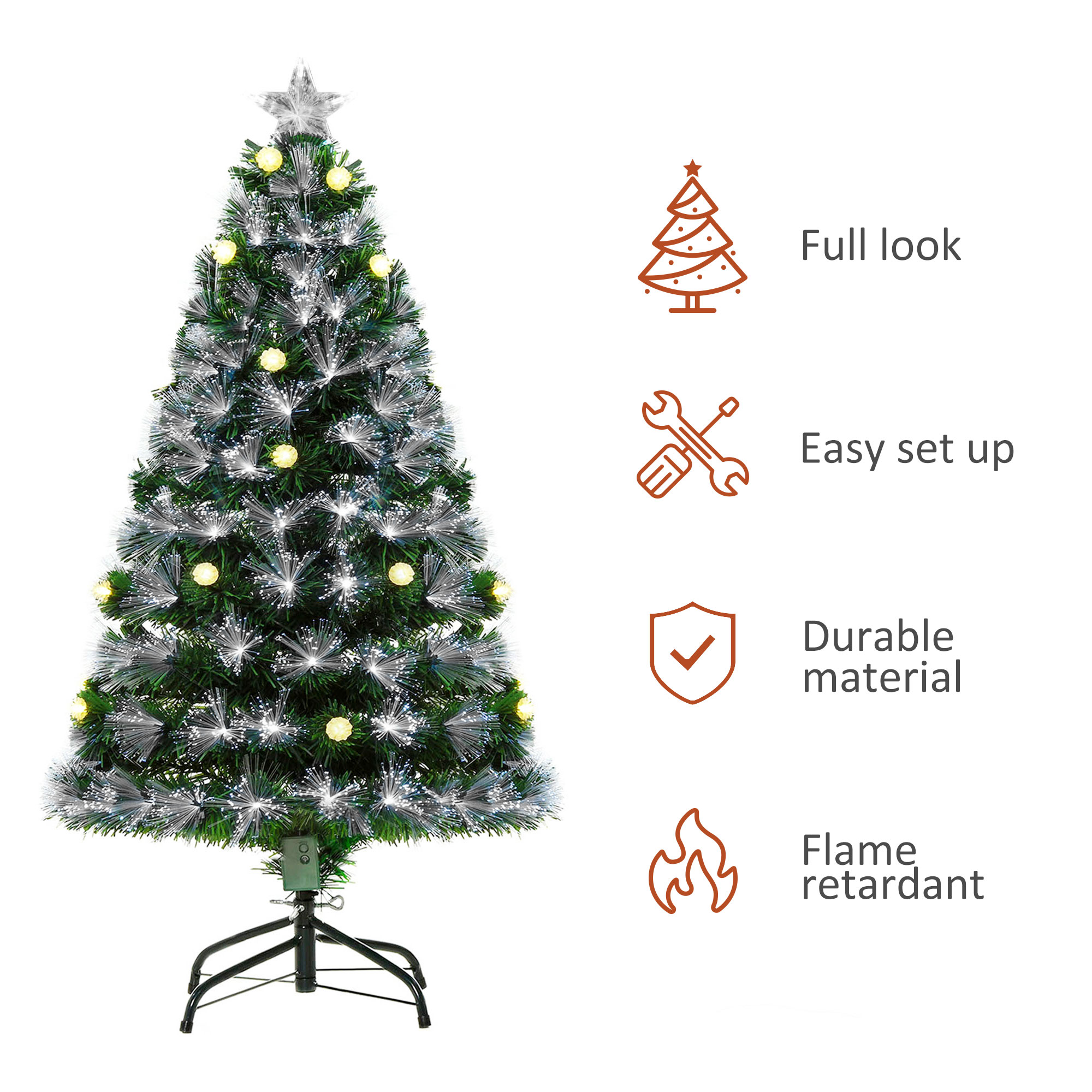 HOMCOM 4ft White Light Artificial Christmas Tree w/ 130 LEDs Star Topper Tri-Base Full Bodied Seasonal Decoration Pre-Lit Home 4