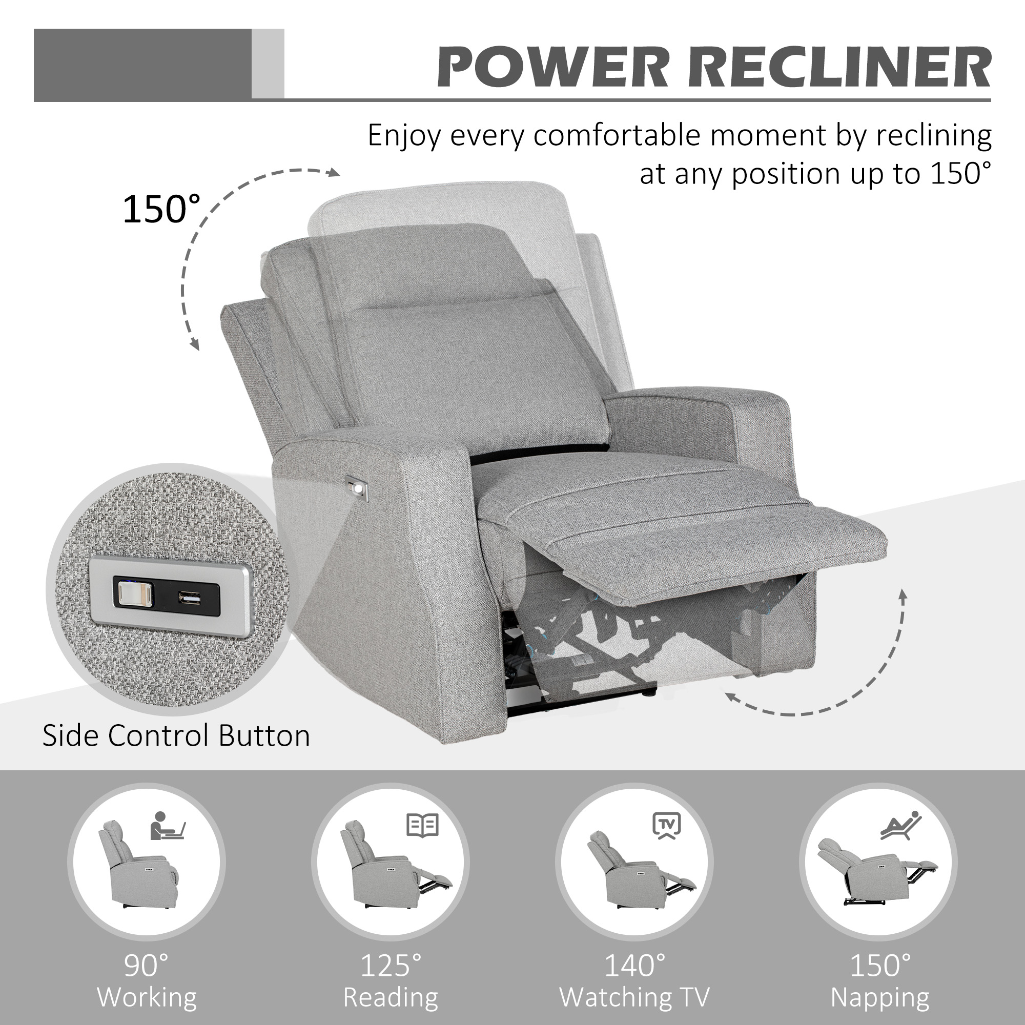 HOMCOM 150° Electric Reclining Chair, with USB port and Footrest Grey 4