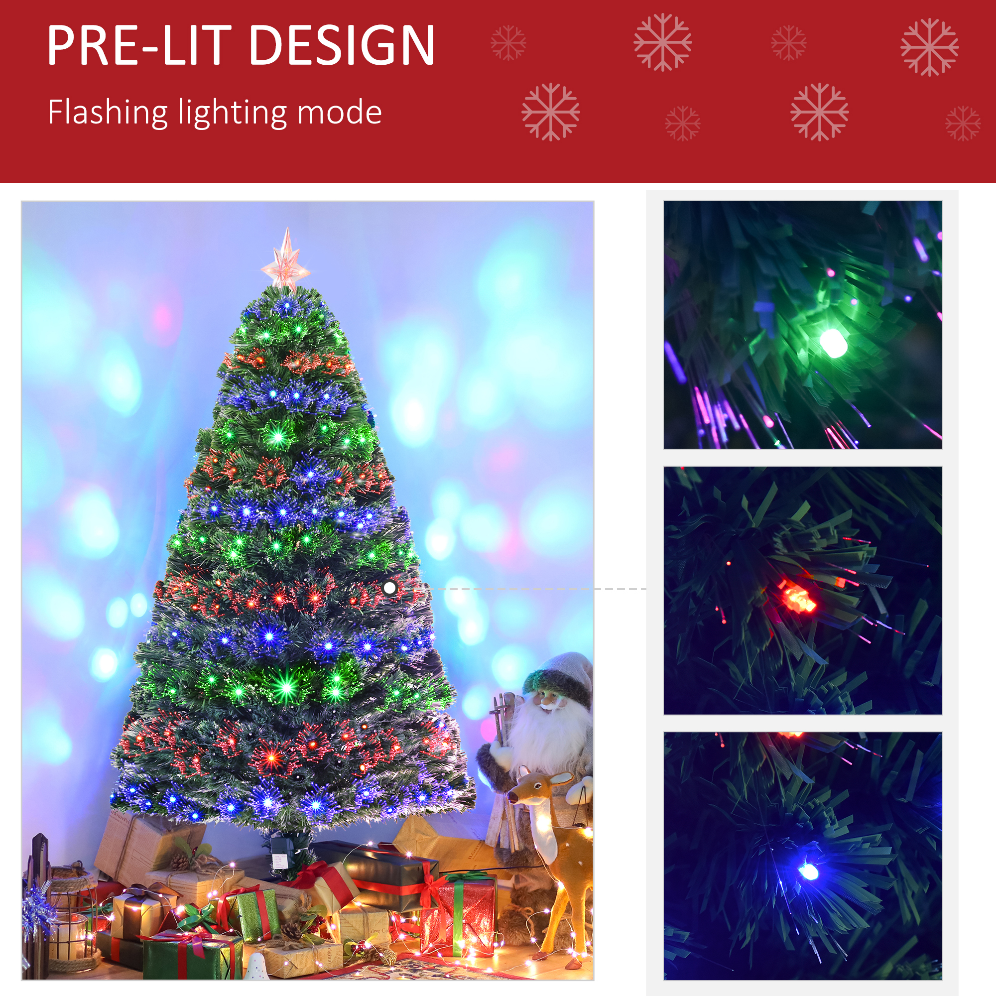 HOMCOM 5 Feet Prelit Artificial Christmas Tree with Multi-Coloured Fiber Optic LED Light, Holiday Home Xmas Decoration, Green 5