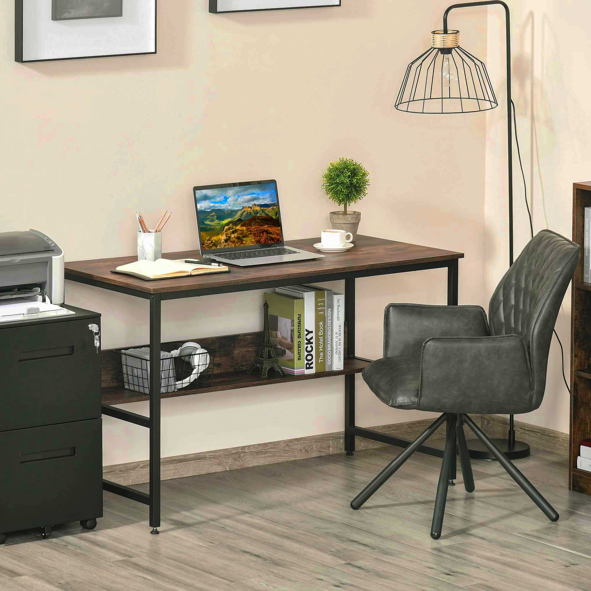 HOMCOM Computer Desk with Storage Shelf, 120 x 60cm Home Office Desk with Metal Frame, Study Table, Easy Assembly, Rustic Brown 2