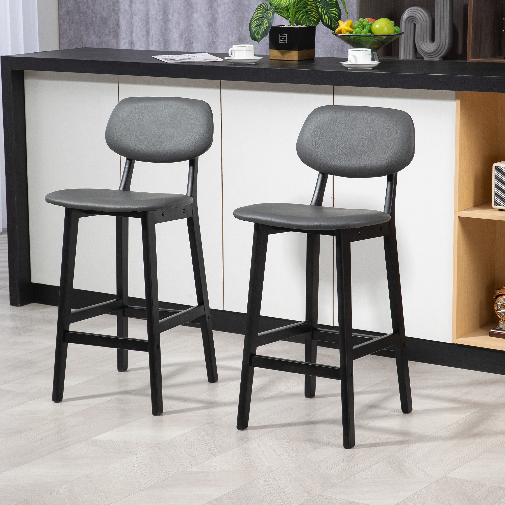 HOMCOM Bar Stools Set of 2, Breakfast Bar Chairs, PU Leather Upholstered Kitchen Stools with Backs, Footrests and Solid Wood Legs, Dark Grey 2