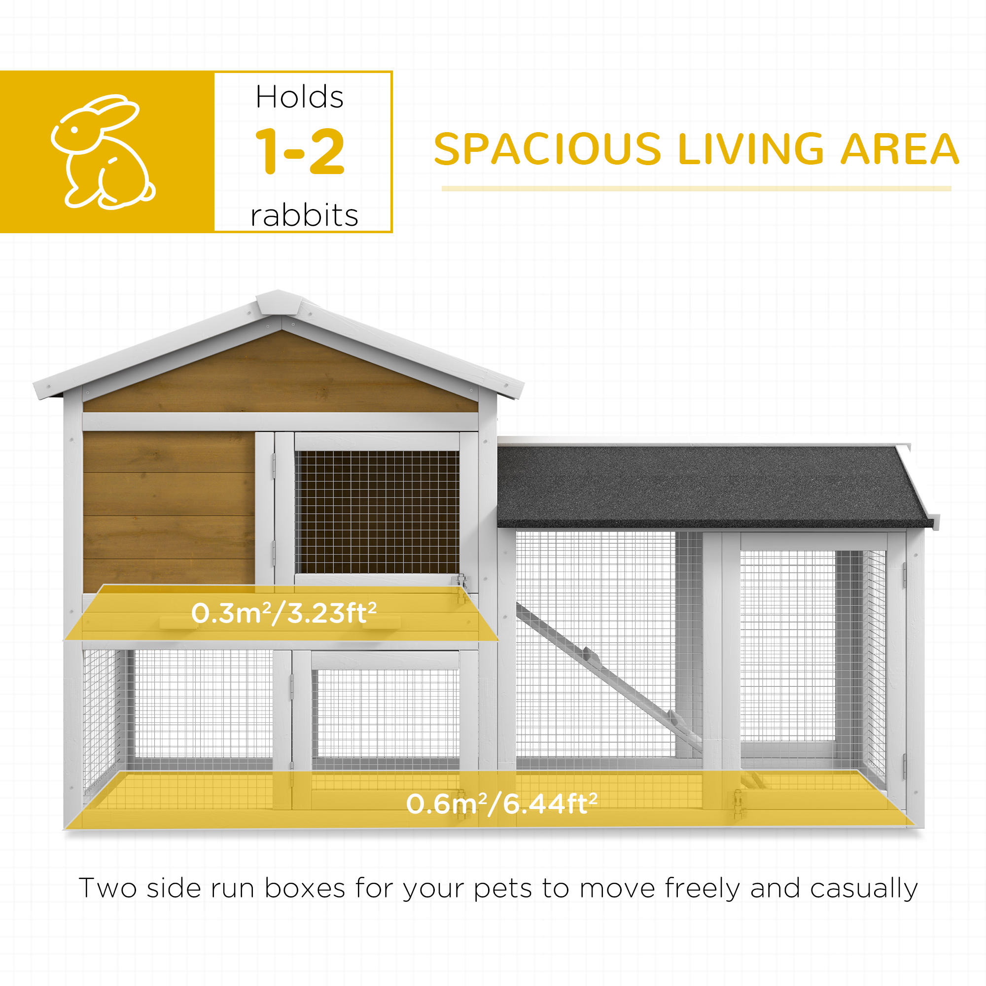 PawHut Wooden Rabbit Hutch Outdoor, Double Tier with Water-Resistant Roof, Ramp 147 x 54 x 84 cm, Yellow 5