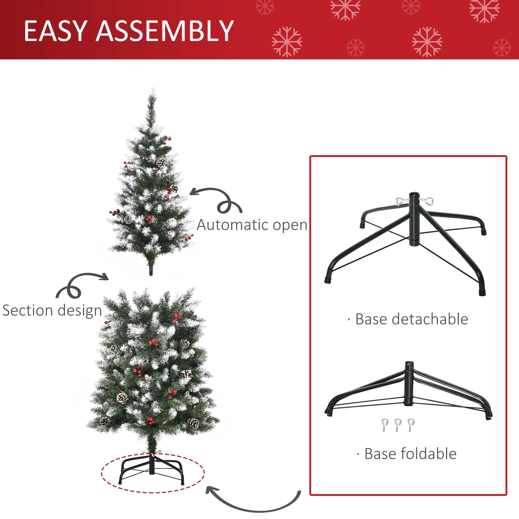 HOMCOM 5FT Artificial Christmas Tree Xmas Pencil Tree with Red Berries and Pinecones Holiday Home Indoor Decoration with Foldable Feet, Green 6