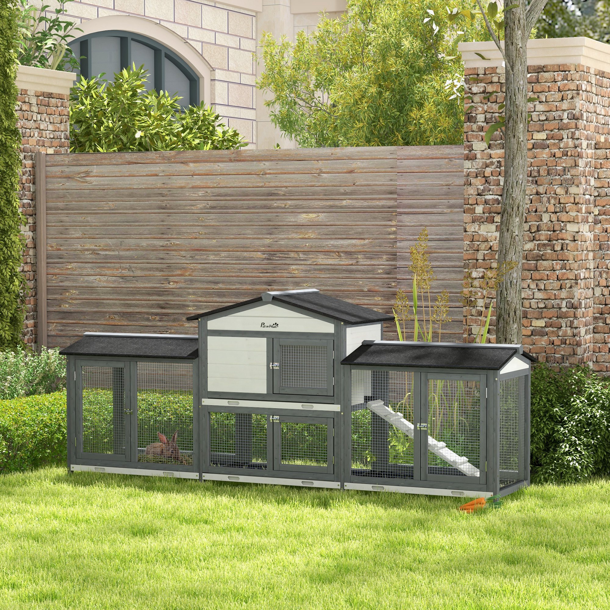 PawHut 2-Tier Large Rabbit Hutch Outdoor with Double Side Run Boxes, No-leak Plastic Tray, Ramp, 230 x 53 x 93.5cm, Light Grey 2