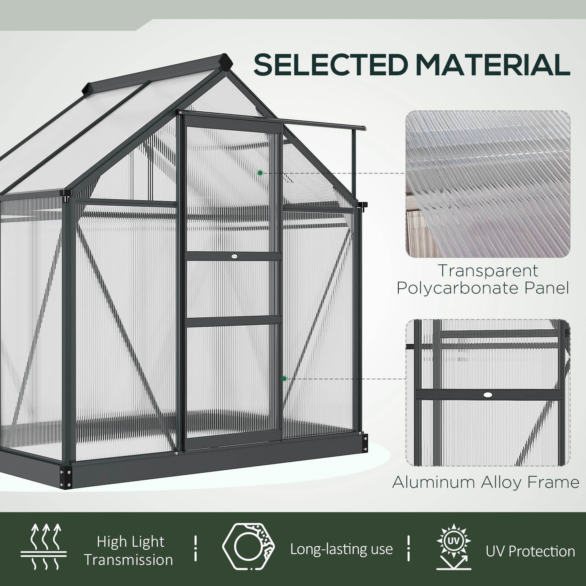 Outsunny 6 x 4ft Polycarbonate Greenhouse, Large Walk-In Green House with Slide Door and Window, Garden Plants Grow House with Aluminium Frame and Foundation, Grey 5