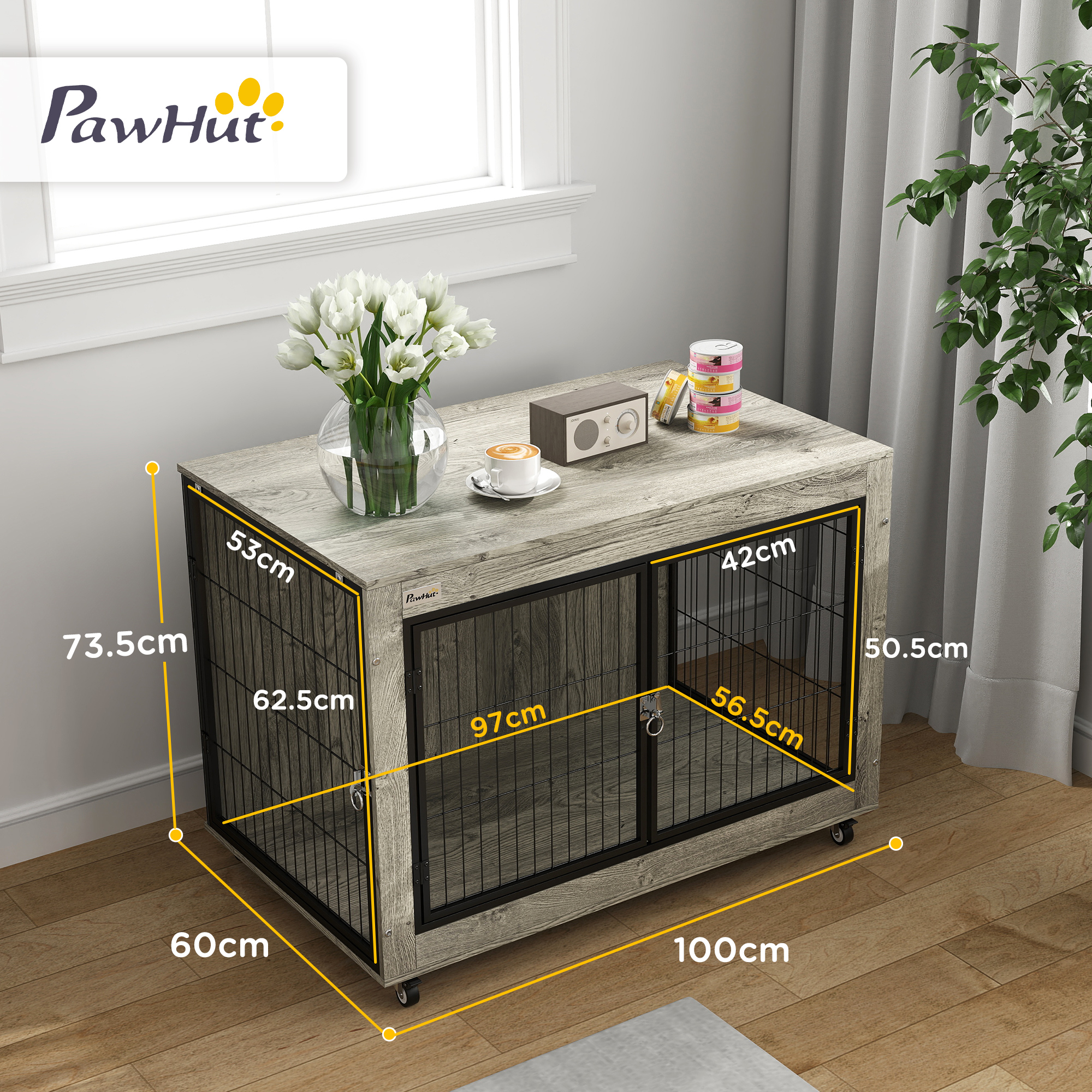 PawHut Dog Crate Furniture with Wheels, Double Doors, for Large Dogs, Grey 3