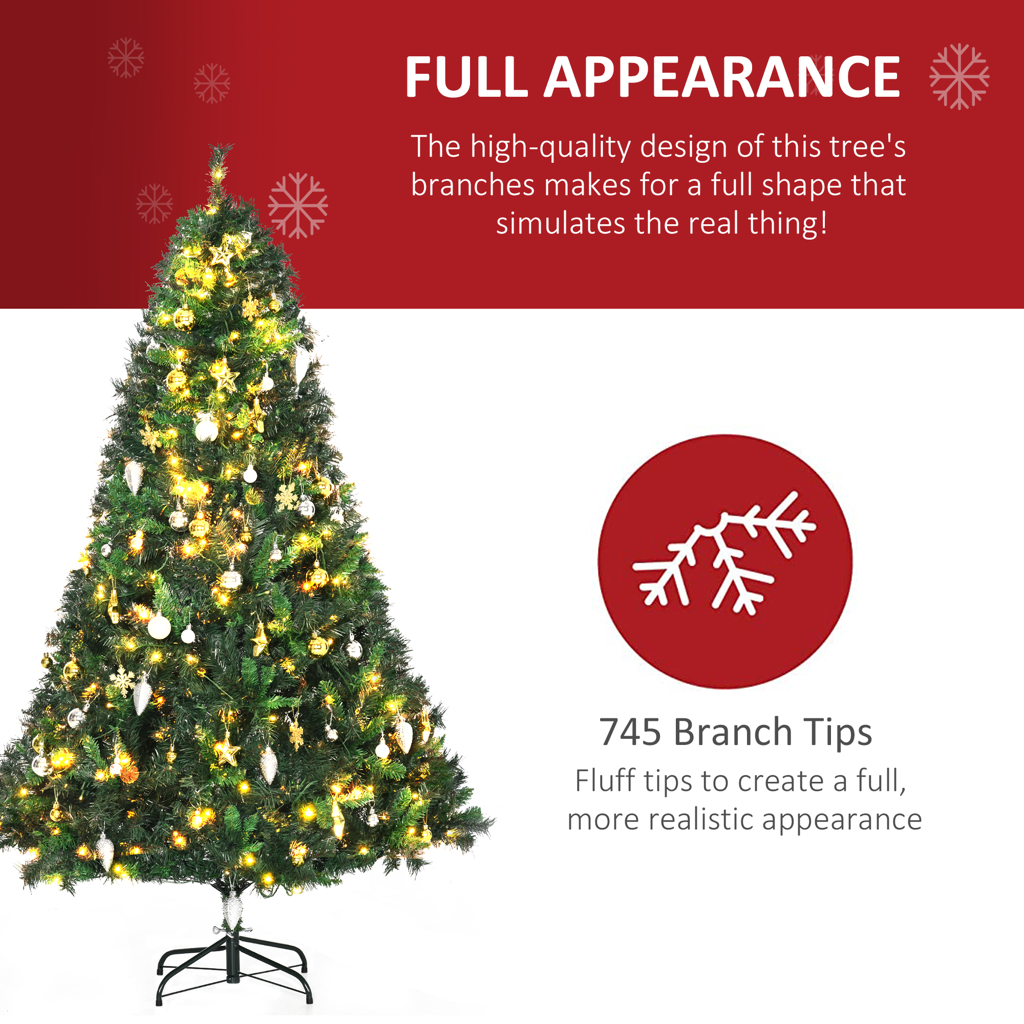HOMCOM 1.8m 6ft Pre-Lit Artificial Christmas Tree 200 LED Xmas Tree Holiday Décor with Decorative Balls Ornament Metal Stand 4