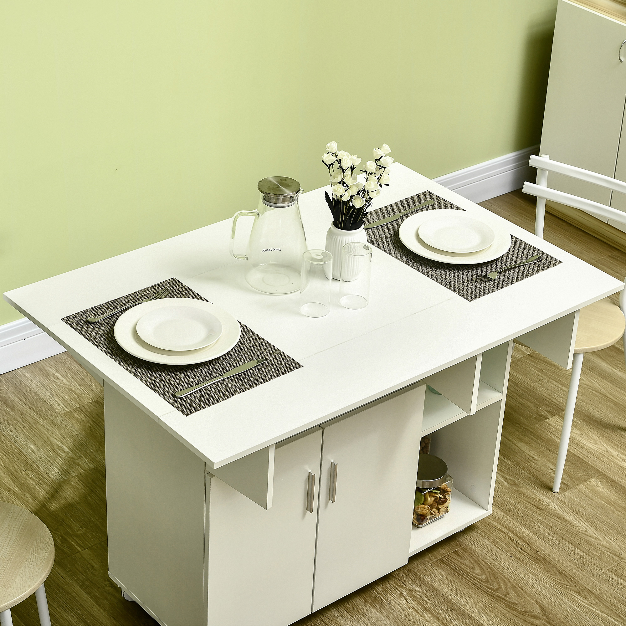 HOMCOM Klappbarer Esstisch mit 3 Regale + 1 Schrank 4 Rollen weiß