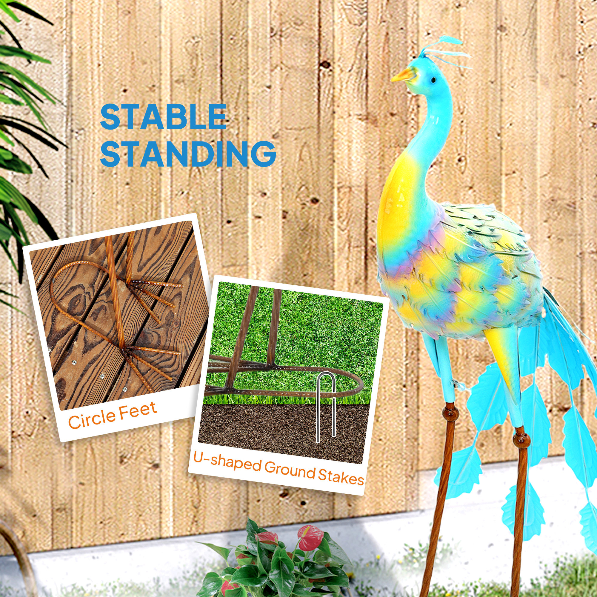 Outsunny Peacock Garden Statue, Standing Garden Ornament, Metal Garden Gift with Stakes for Patio Pond Landscape Decoration, Multi-Colour 6