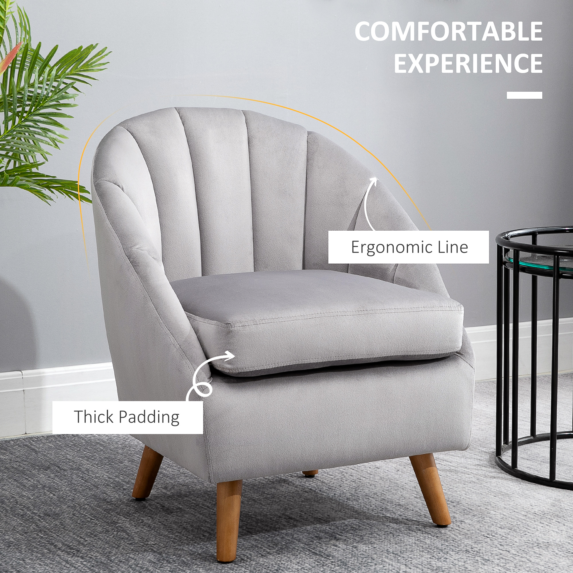 HOMCOM Accent Chair Velvet Fabric Single Sofa Armchair Home Living Room Solid Wood Leg Upholstered Side Armchair Grey 5