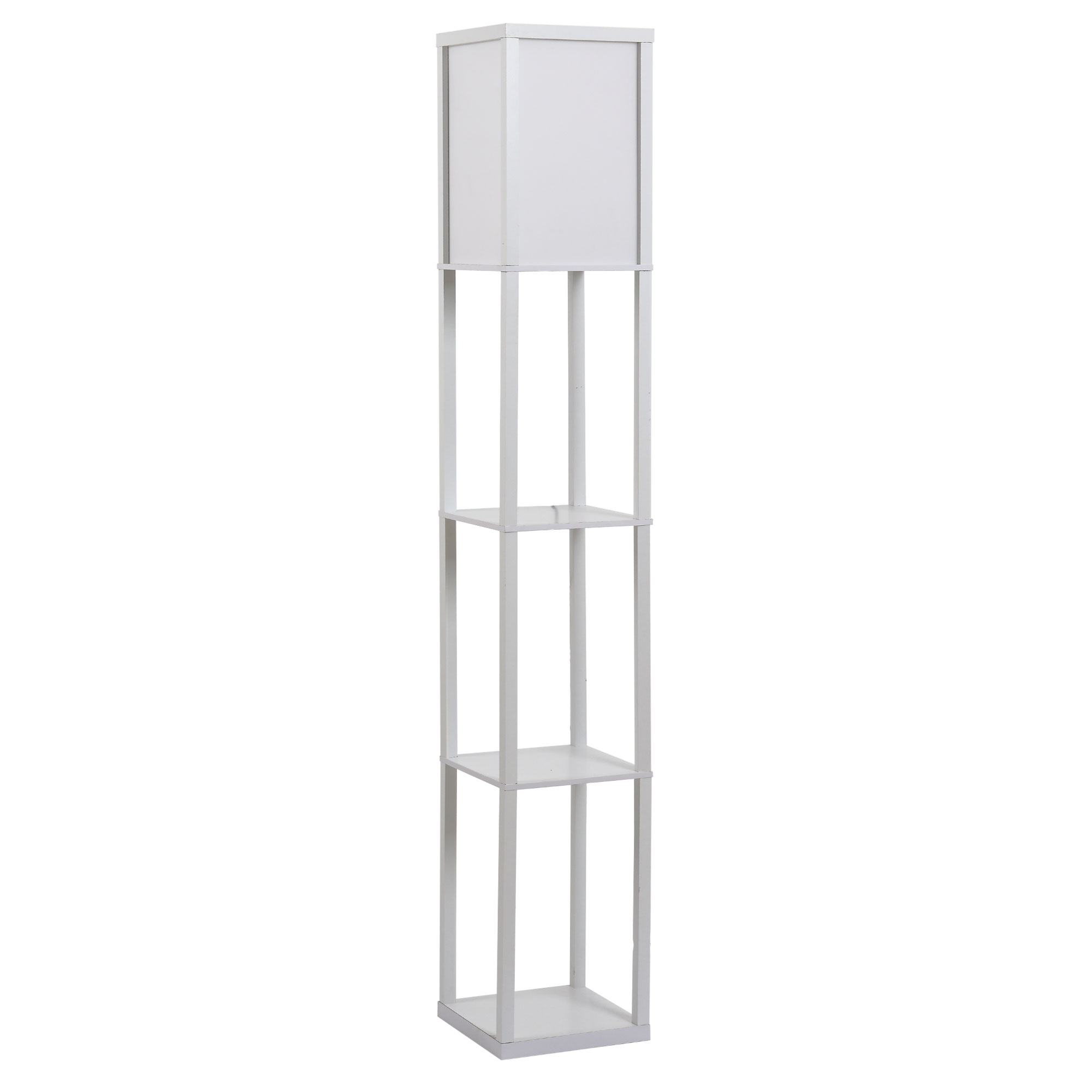 HOMCOM Lámpara de Pie de Madera con Estantes para Almacenaje Diseño Elegante para Salón Dormitorio Bombilla E27 40W 26x26x160 cm Blanco | Aosom España