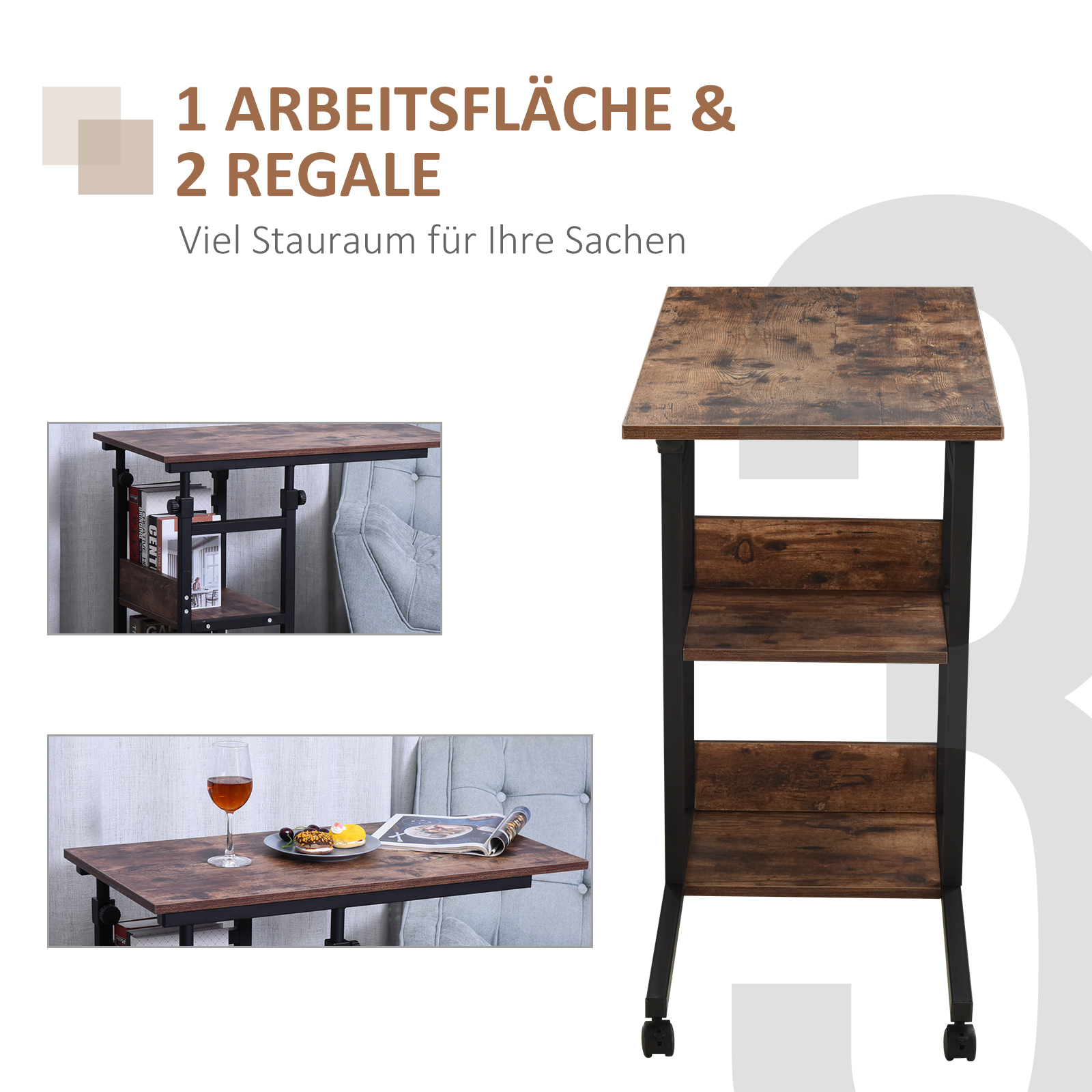 Abilaud ratastega, kõrguses reguleeritav, kompaktne, 2 riiulit, metallraam, 80x40x72-82 cm, pruun/must