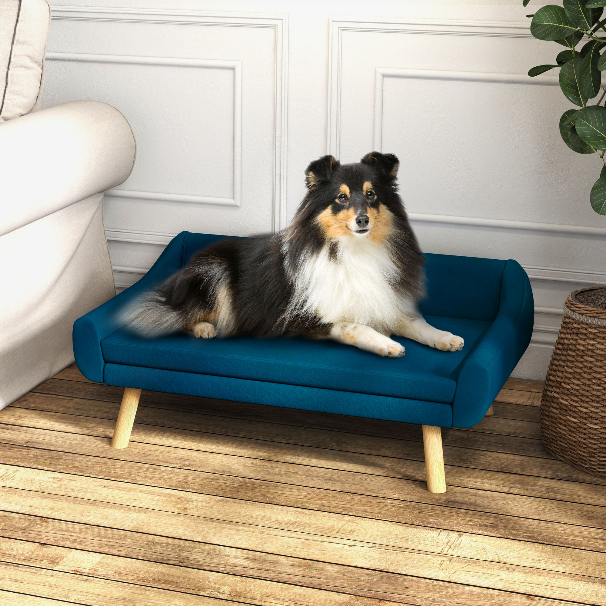PawHut Dog Couch with Soft Cushion, Pet Sofa Bed with Wooden Frame, Removable Cover, for Medium and Large Dogs, Blue 2