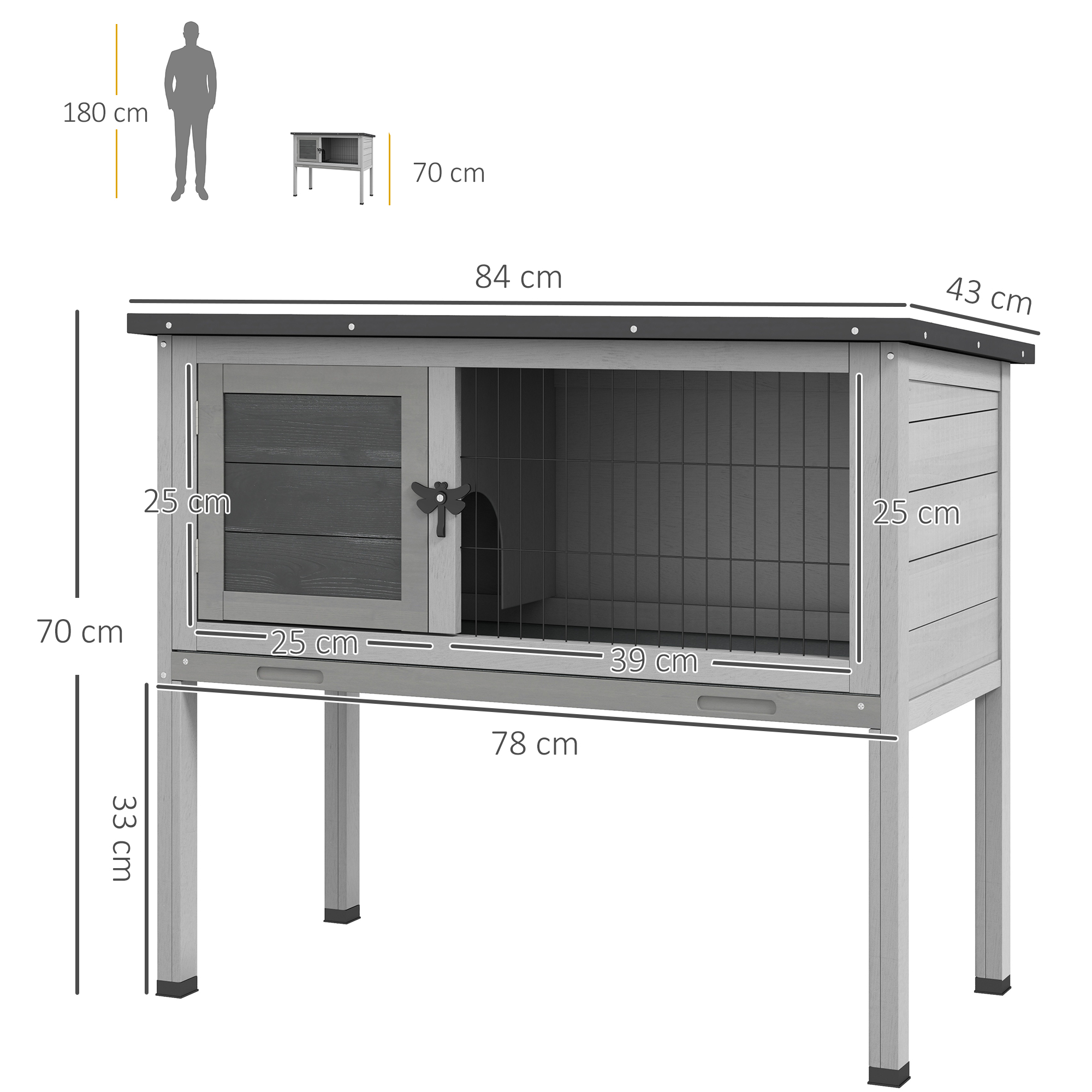 PawHut Wooden Guinea Pig Hutch, Small Animal Cage with Slide-out Tray, Openable Asphalt Roof, 84 x 43 x 70cm, Grey 3