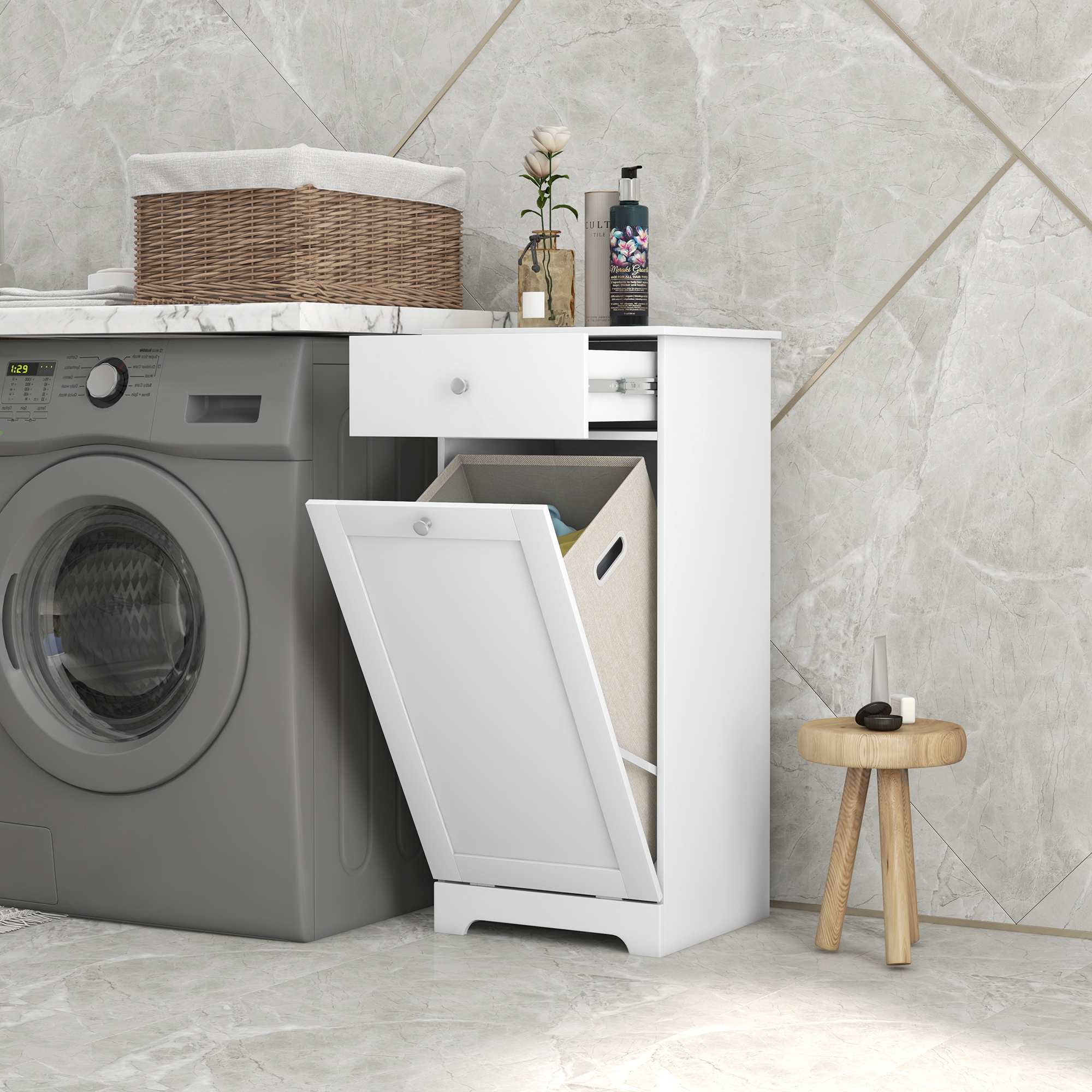 HOMCOM Single Hamper Laundry Storage Cabinet White 2