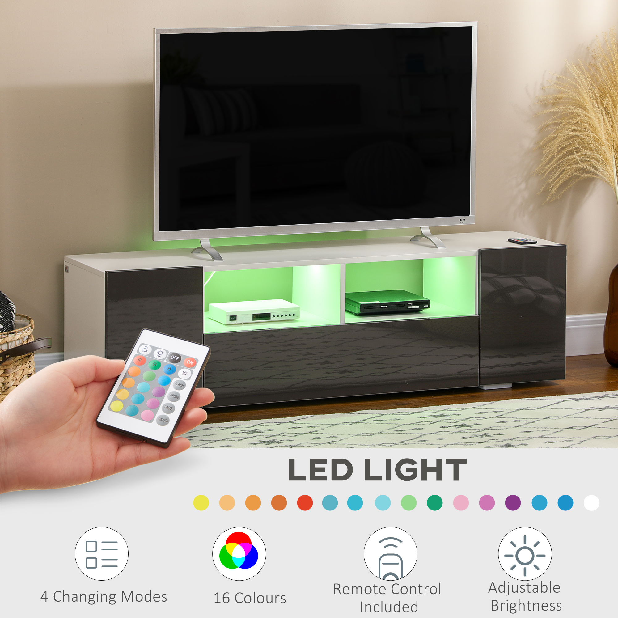 HOMCOM 16 LED Light TV Stand, with Storage High Gloss Grey 5