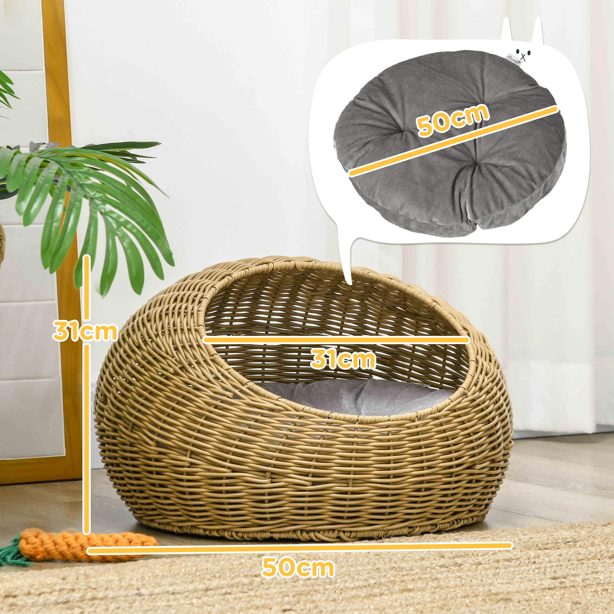 PawHut Wicker Cat House with Washable Cushion for Indoor Cats, Light Brown 3