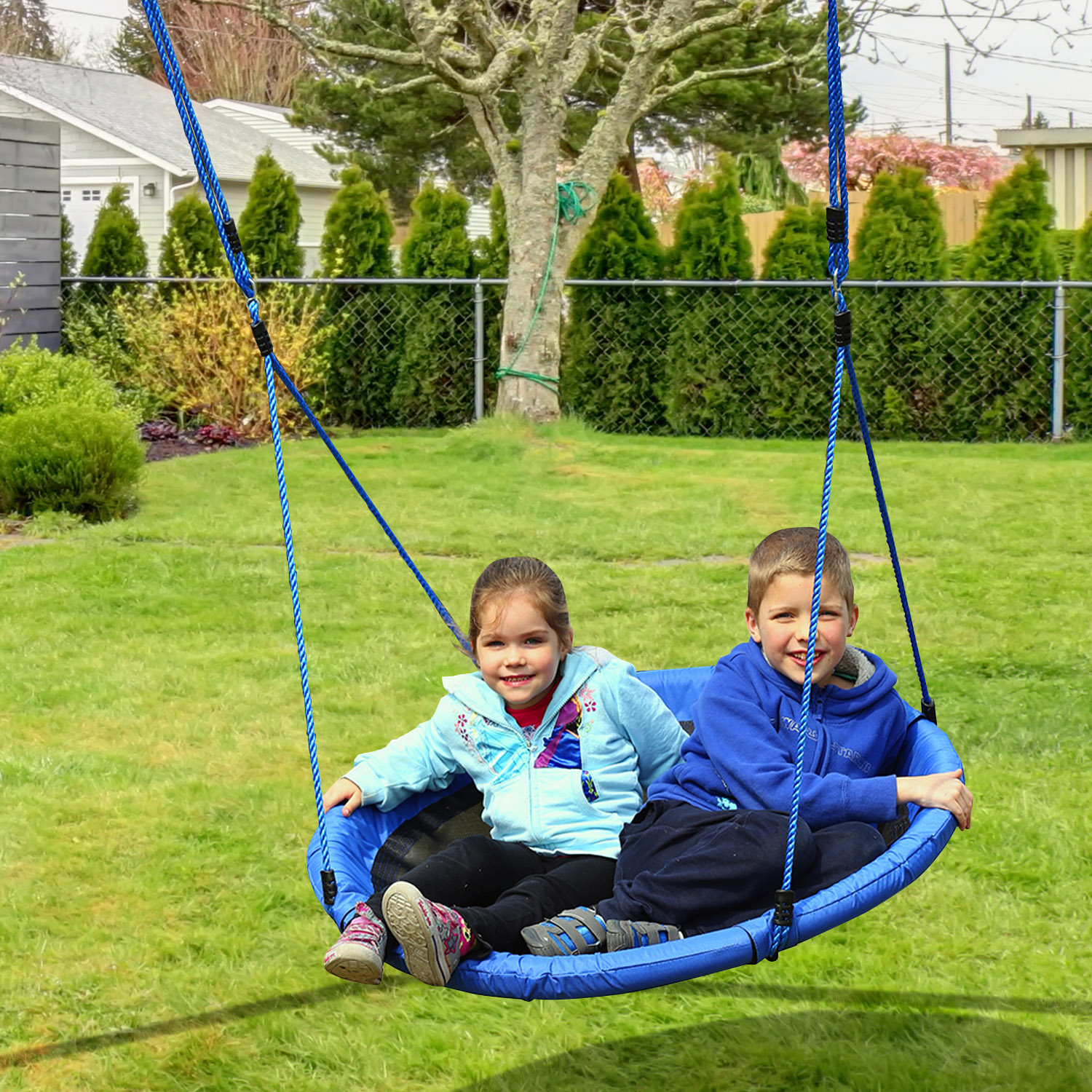 HOMCOM Ø100 cm Nestschaukel Kinderschaukel Vogelnestschaukel Outdoor Schaukel für Kinder Garten Oxford Blau   Aosom