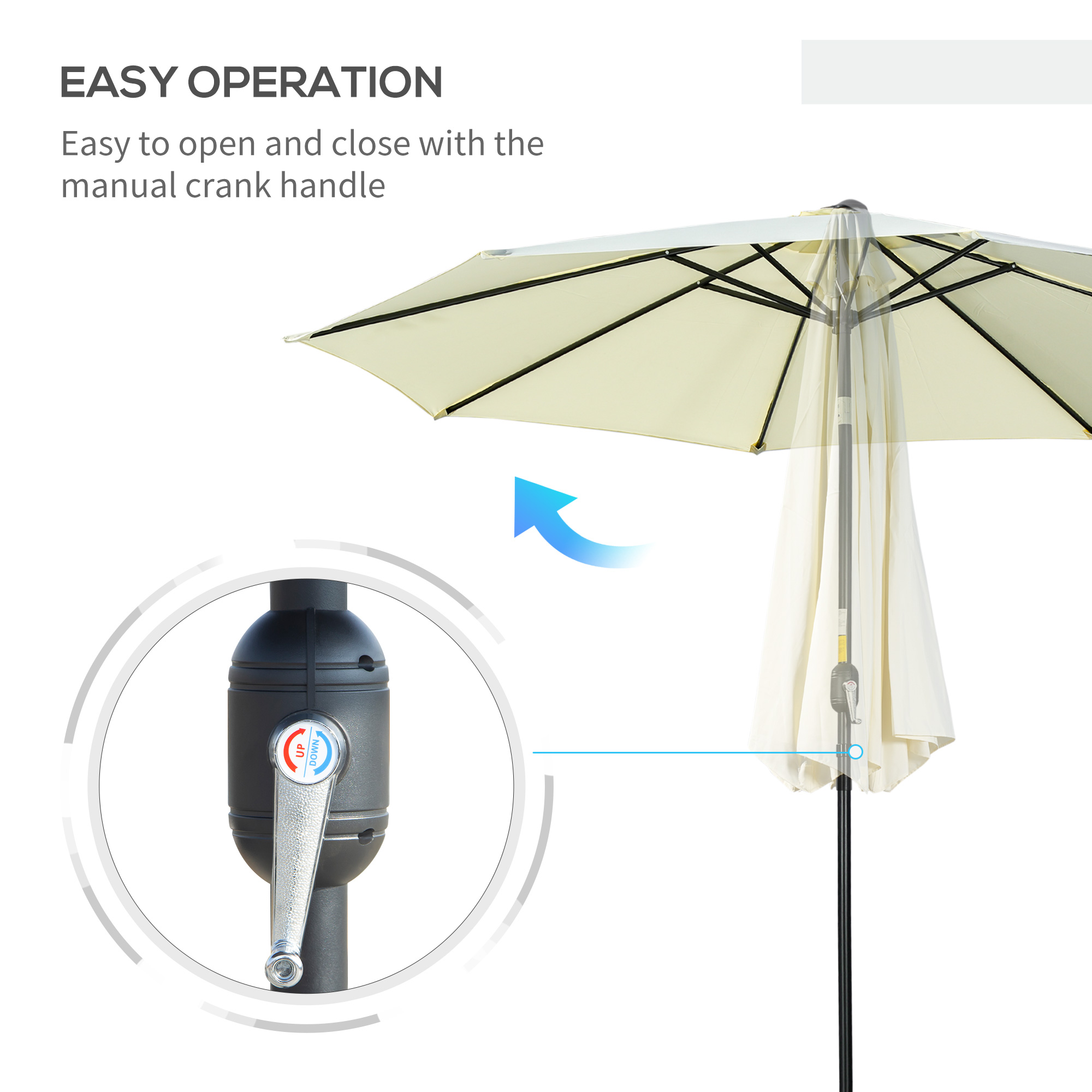 Outsunny 3(m) Tilting Parasol Garden Umbrellas, Outdoor Sun Shade with 8 Ribs, Tilt and Crank Handle for Balcony, Bench, Garden, Beige 5