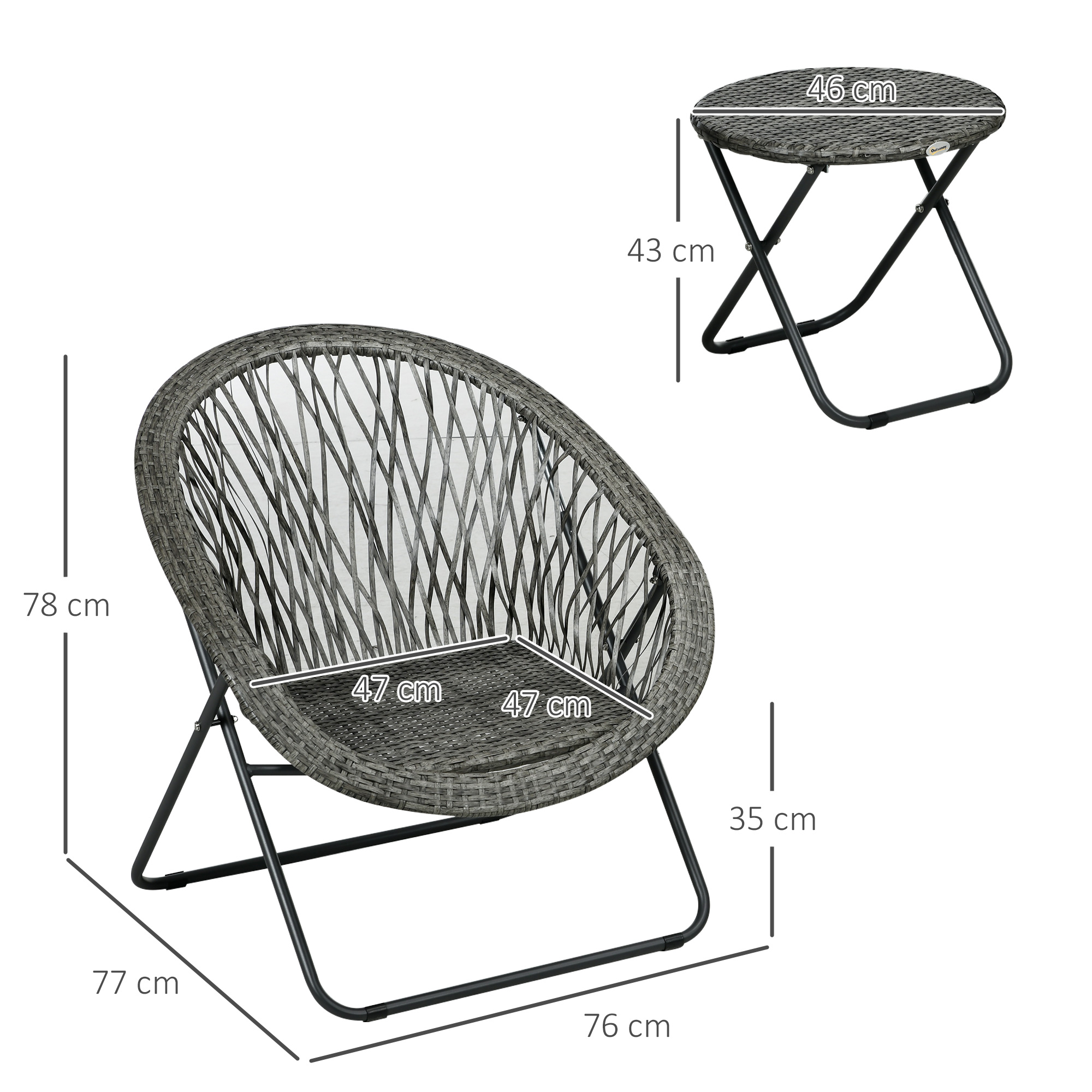 Aiamööbli komplekt, 3-osaline, rotangi imitatsioon, 2 tooli, 1 laud, kokkupandav, hall