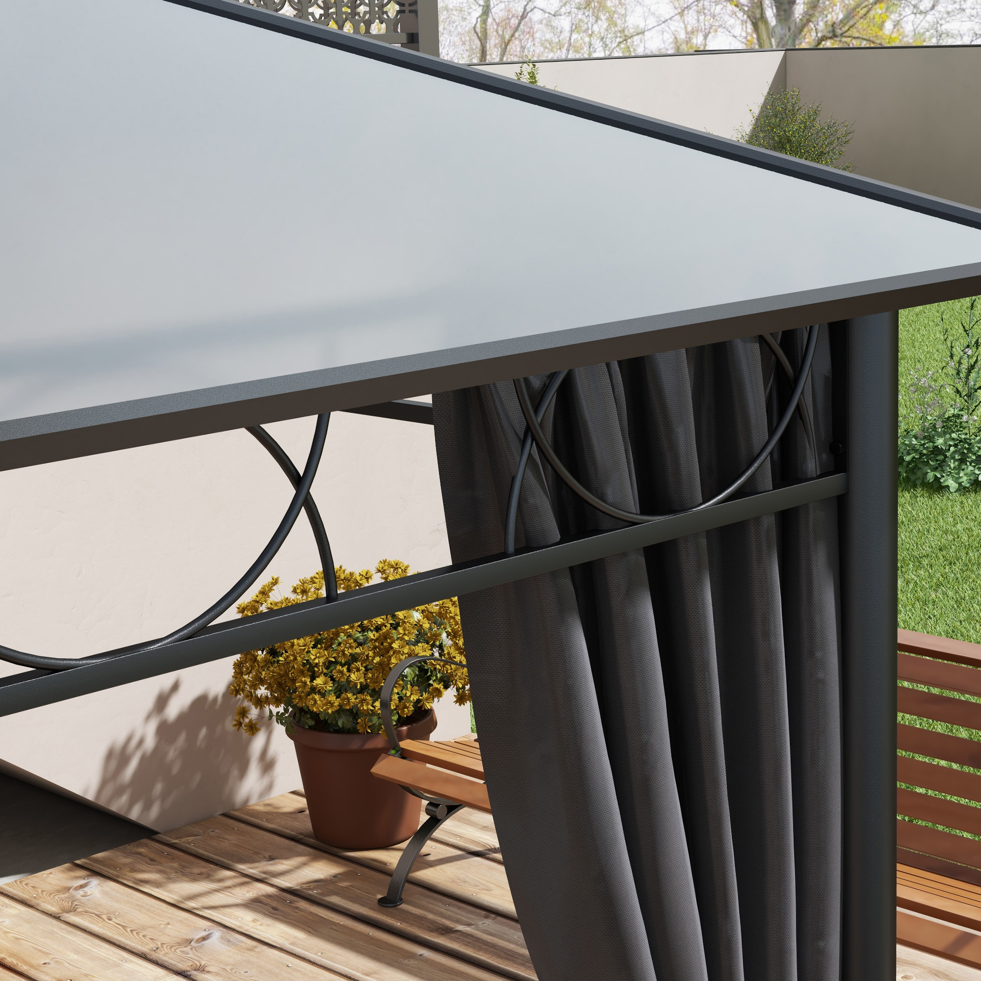 Outsunny Hardtop Gazebo Garden Pavilion with UV Resistant Polycarbonate Roof, Curtains, Steel & Aluminium Frame, 3 x 4m, Grey 8