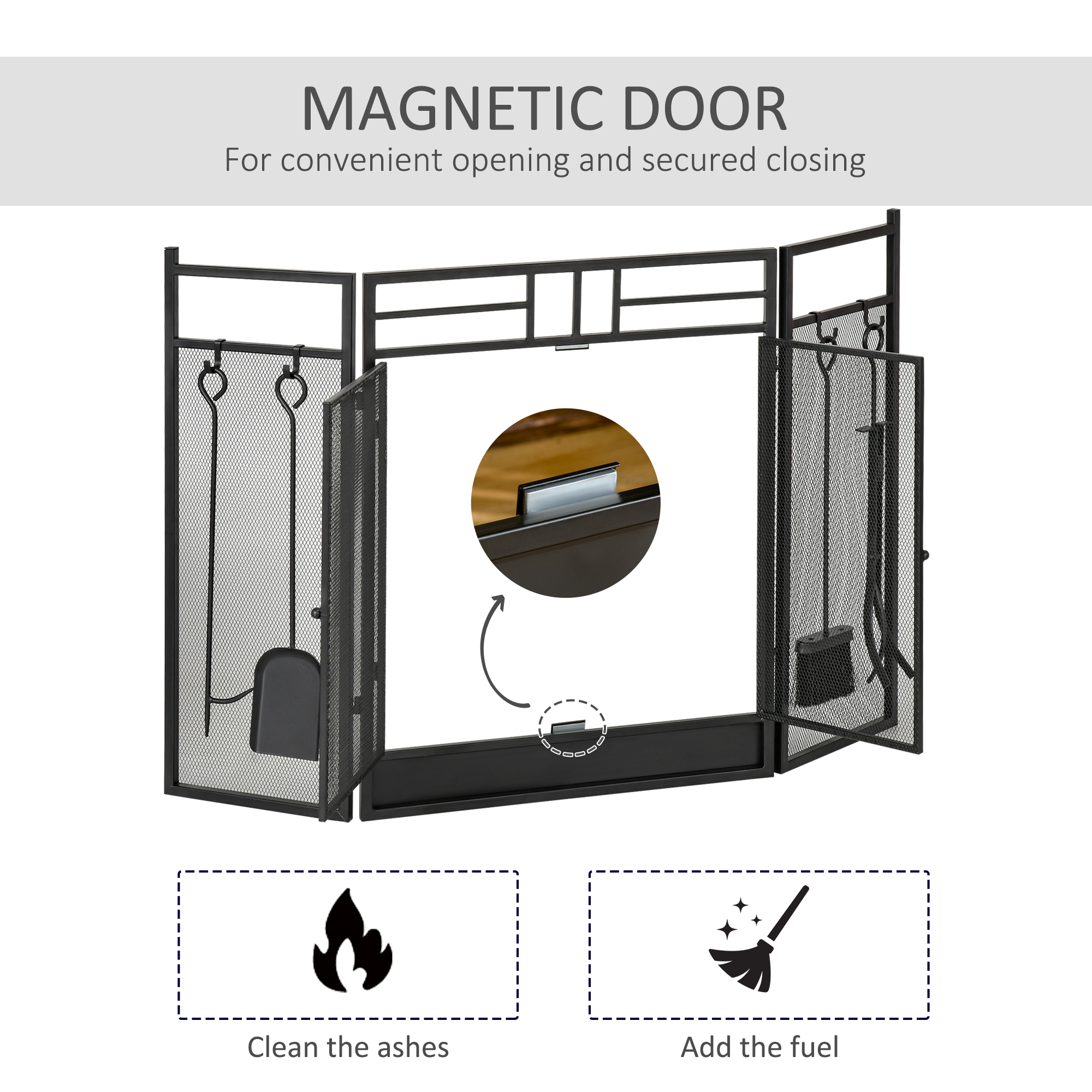 HOMCOM 3 Panel Folding Fire Guard, Steel Fireplace Screen with Double ...