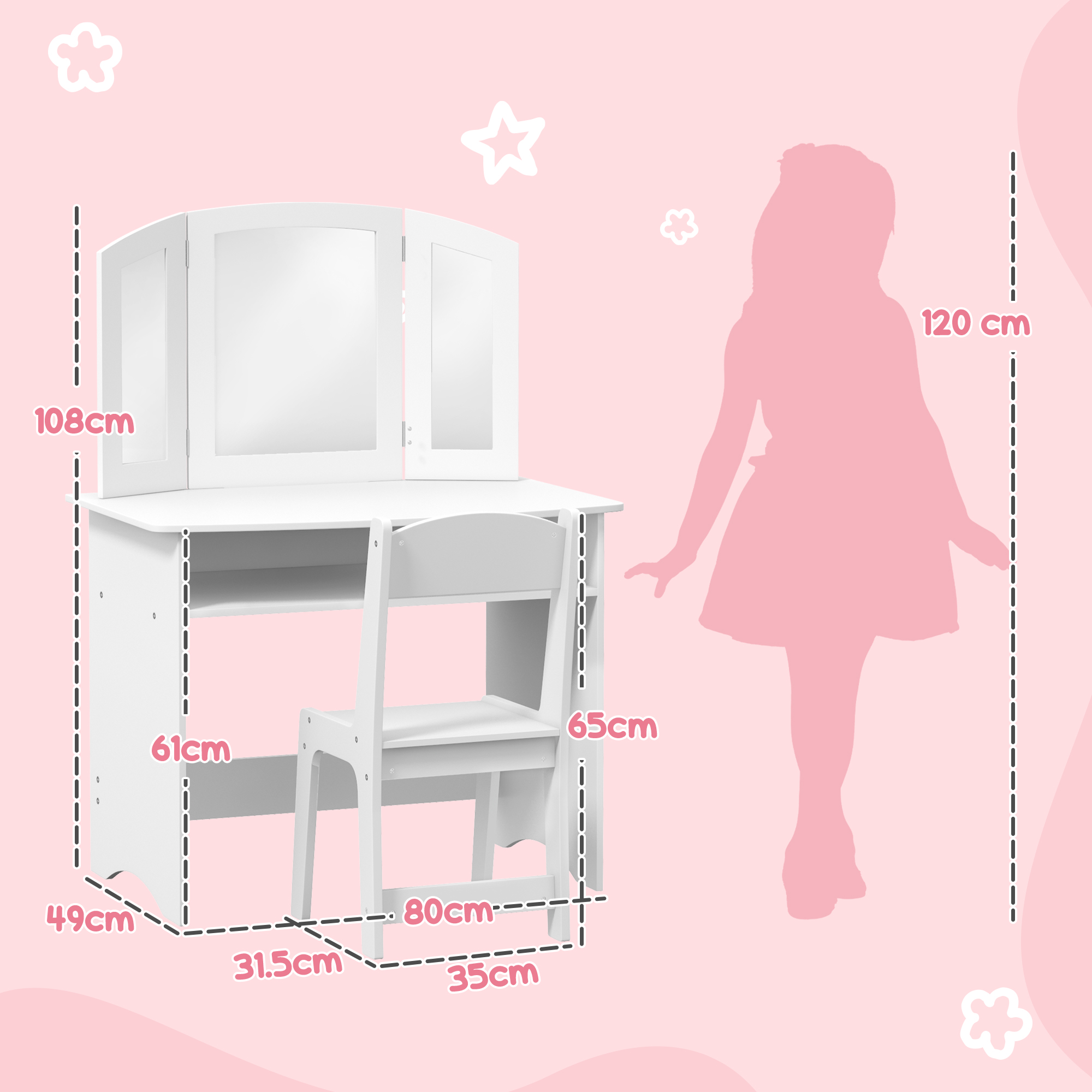 Toeletta da Trucco per Bambini con Specchio Illuminato e Sedia, Postazione Trucco con Luce LED a 2 Colori, Cassetto e Portagioie a Forma di Albero, | Leroy Merlin