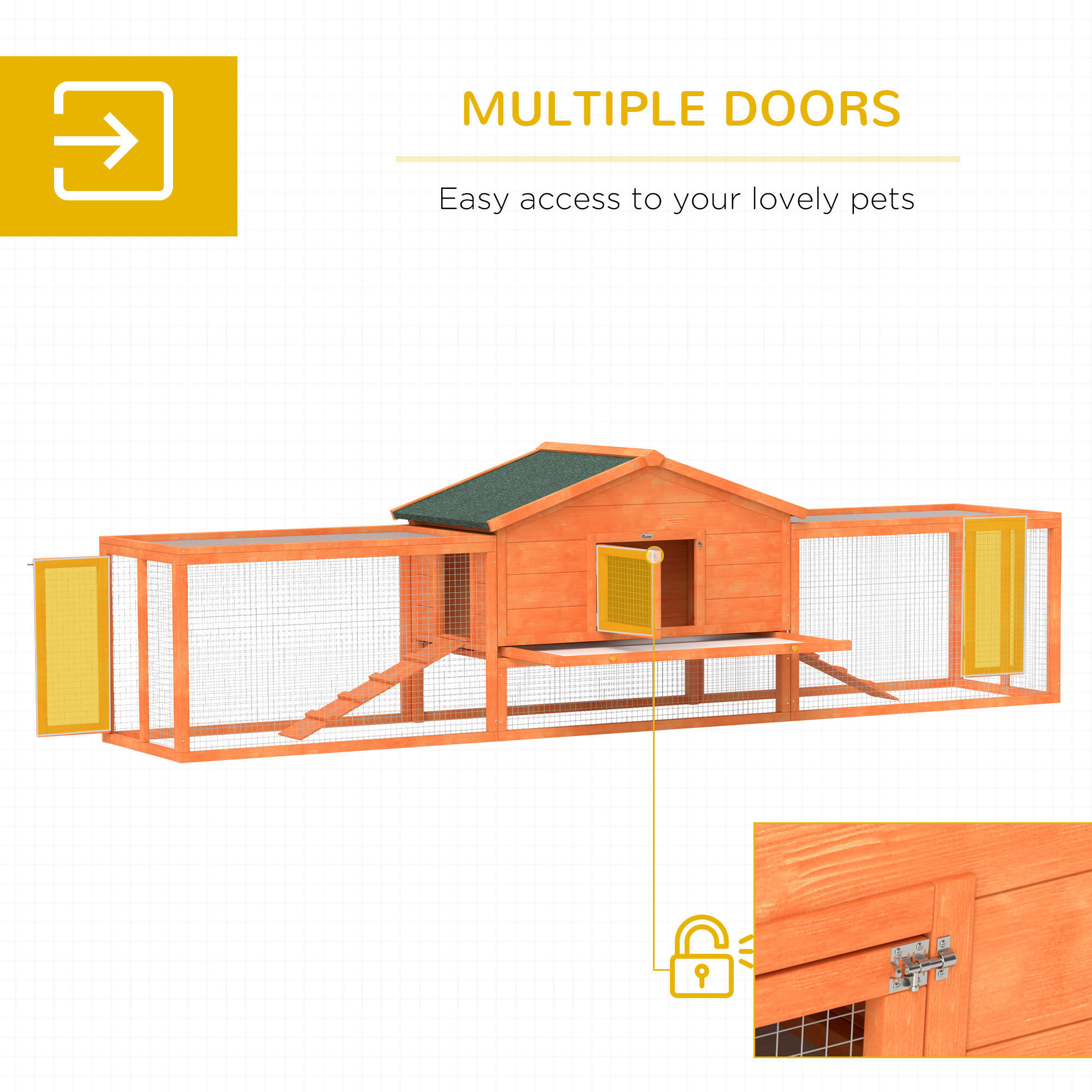 PawHut Wooden Rabbit Hutch with Run, Tray, Ramps, Asphalt Roof, 309 x 70 x 87cm, Orange 5