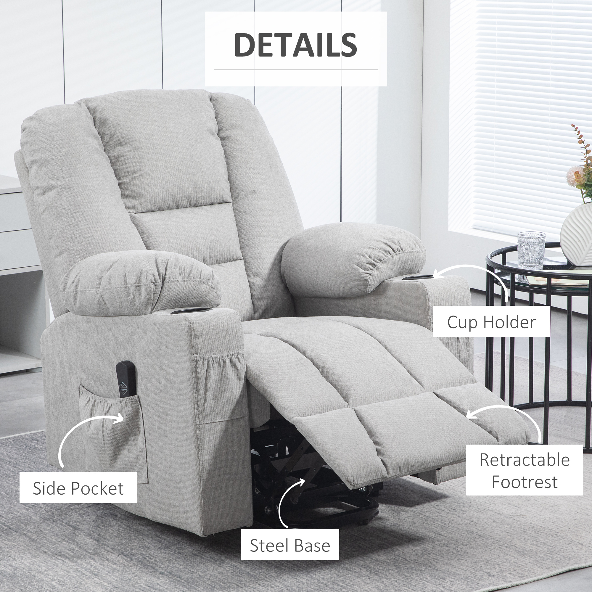 HOMCOM Oversized Riser and Recliner Chairs for the Elderly, Fabric Upholstered Lift Chair for Living Room with Remote Control, Side Pockets, Cup Holder, Light Grey 6